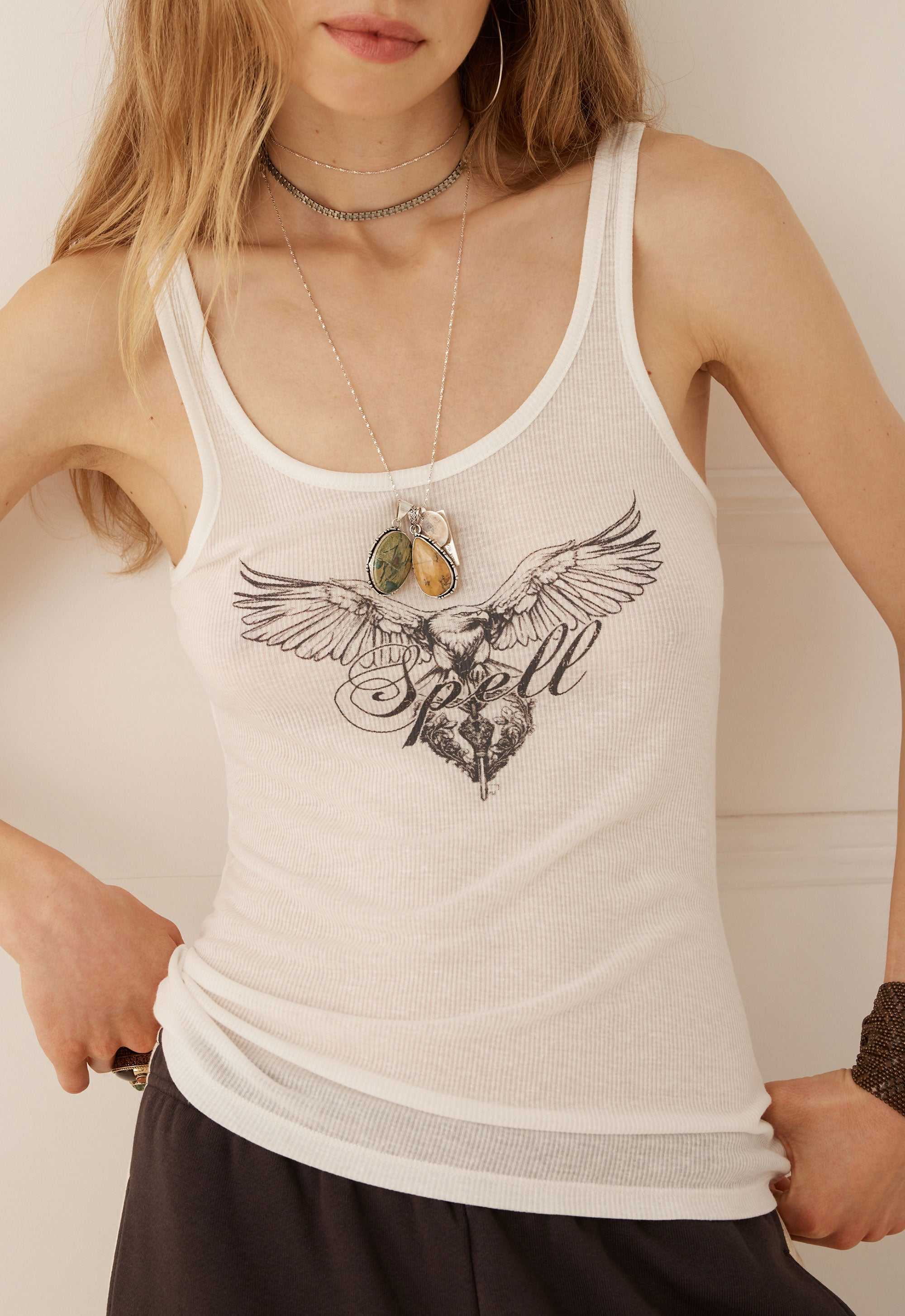 Spell Eagle and Locket Singlet Antique White