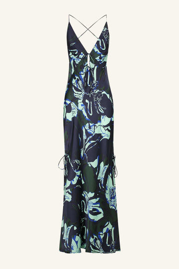 Shona Joy Franco Plunged Slip Tie Maxi Dress Navy Multi