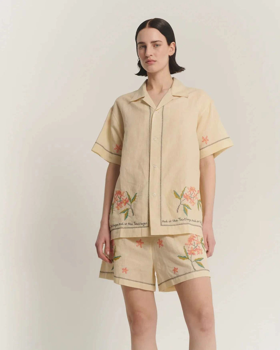 The Tales Cream Embroidered Flower Linen Shorts