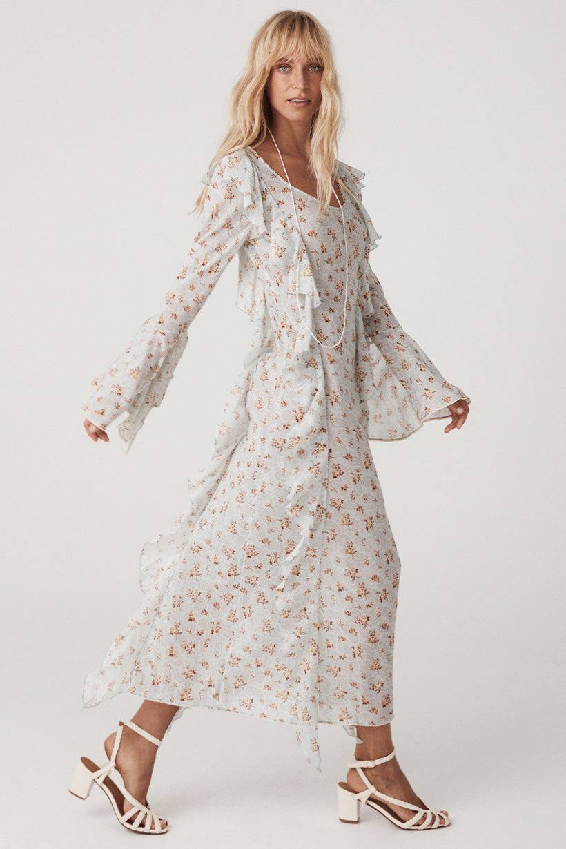 Spell Fleur Frill Bias Maxi Dress Teapot Blue