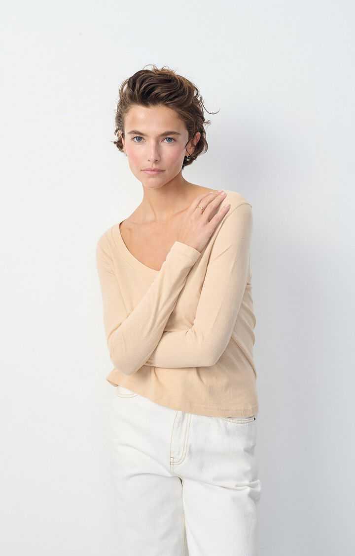 American Vintage Gamipy Long Sleeve T Shirt V Neck Sand