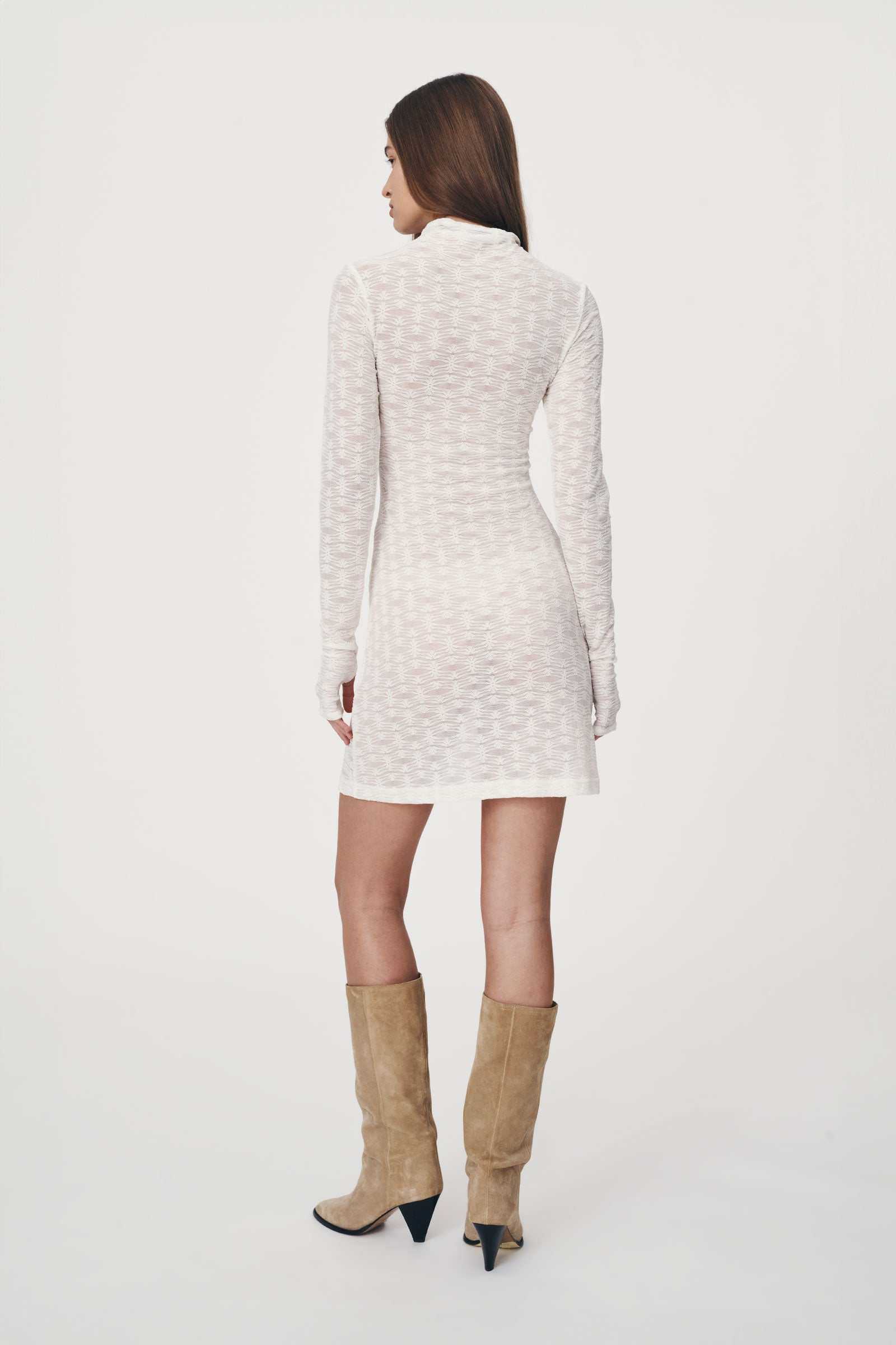 Rowie Galo Flower Lace Mini Long Sleeve Dress Creme