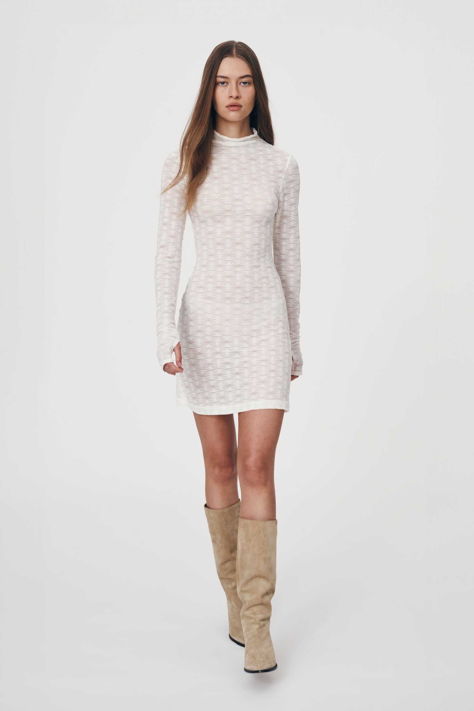 Rowie Galo Flower Lace Mini Long Sleeve Dress Creme
