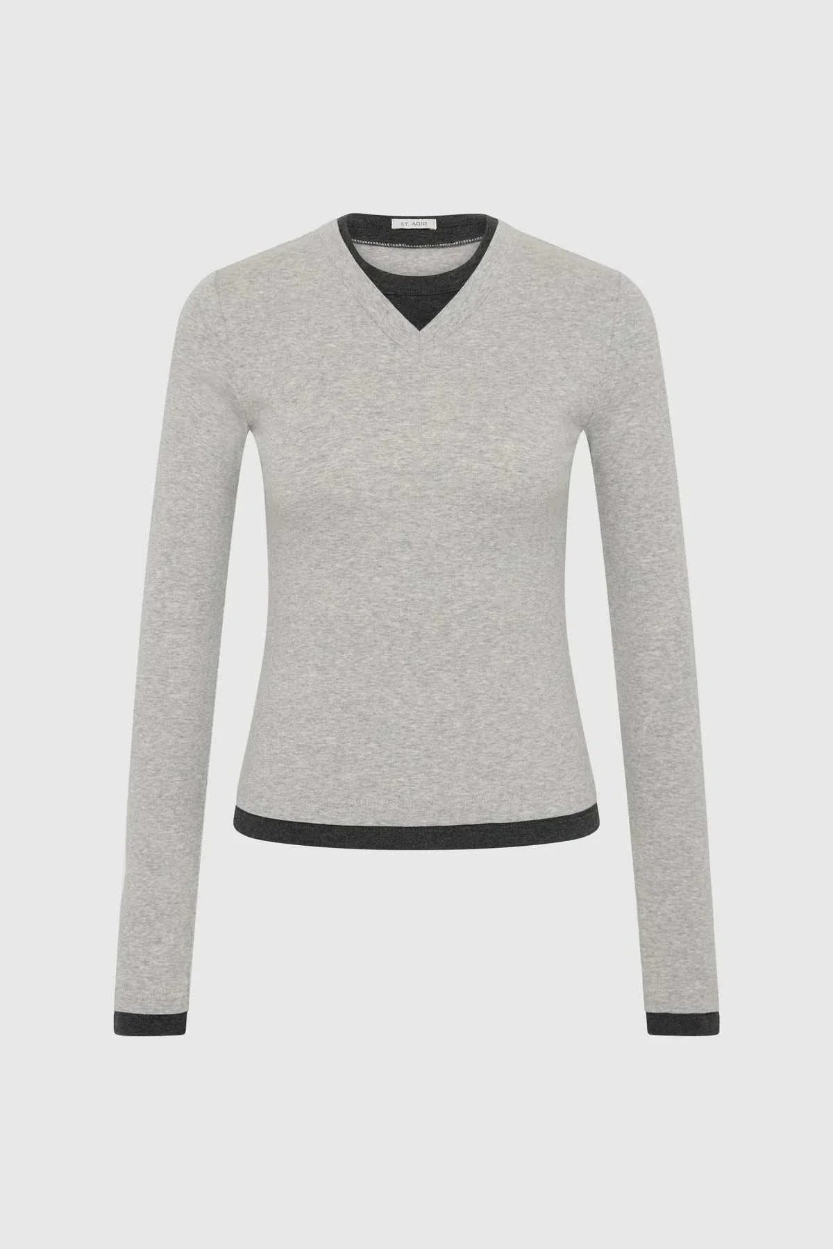 St Agni Organic Cotton V Neck Long Sleeve Top Grey Marle