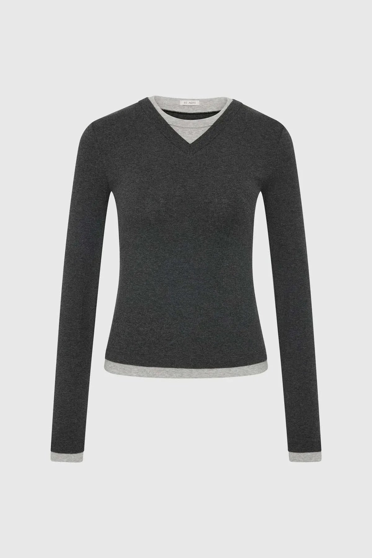 St Agni Organic Cotton V Neck Long Sleeve Top Charcoal Melange