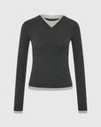 St Agni Organic Cotton V Neck Long Sleeve Top Charcoal Melange