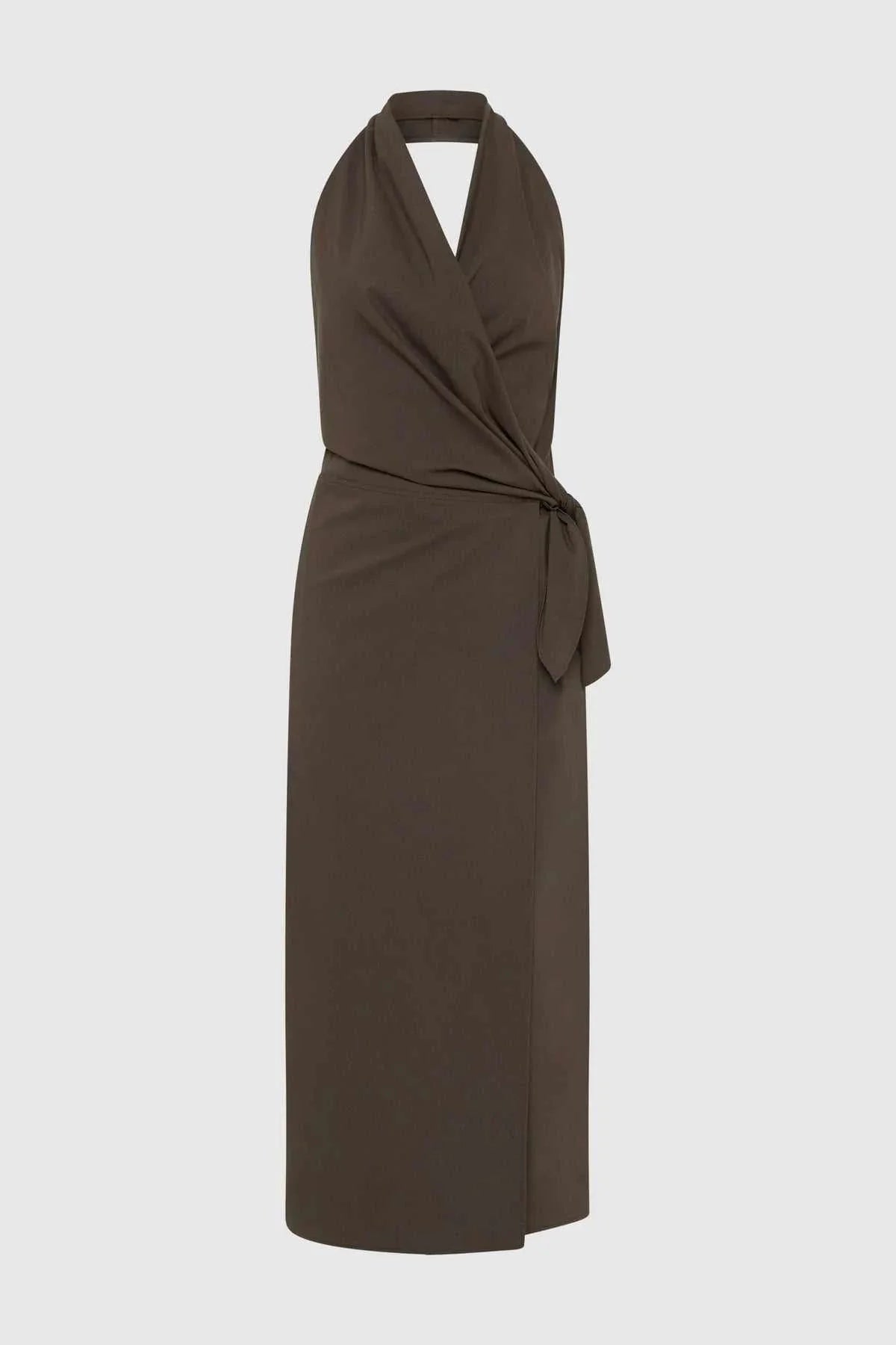 St Agni Halter Wrap Backless Dress Wood