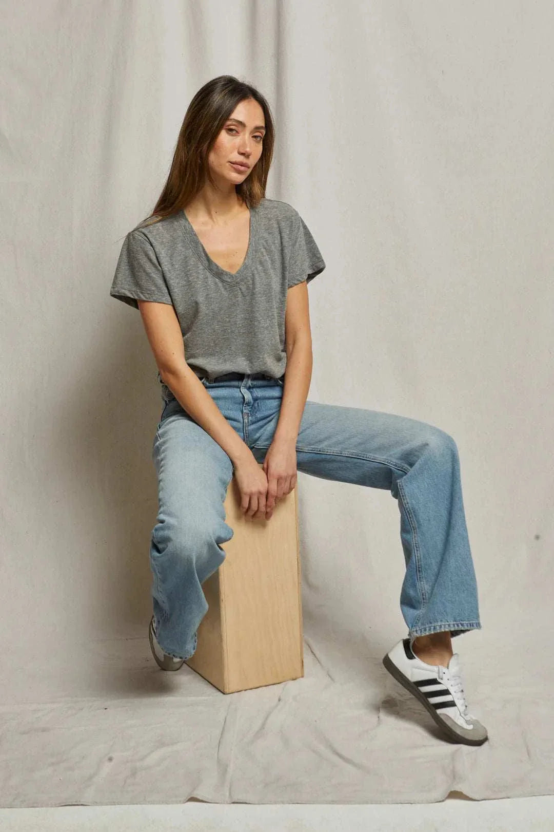 Perfectwhitetee Hendrix Cotton Boxy V Neck Tee Heather Grey