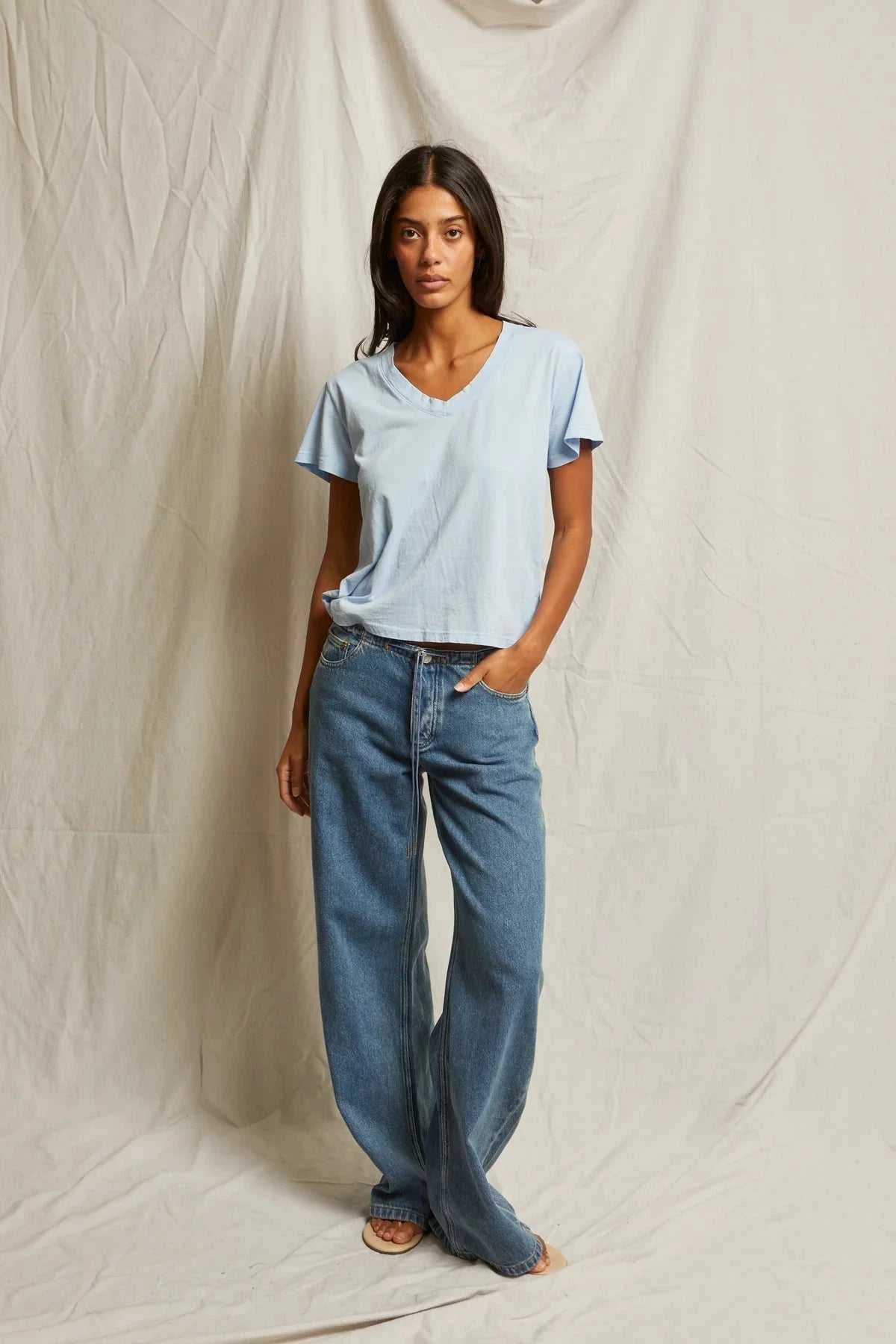 Perfectwhitetee Hendrix Cotton Boxy V Neck Tee Sky Blue