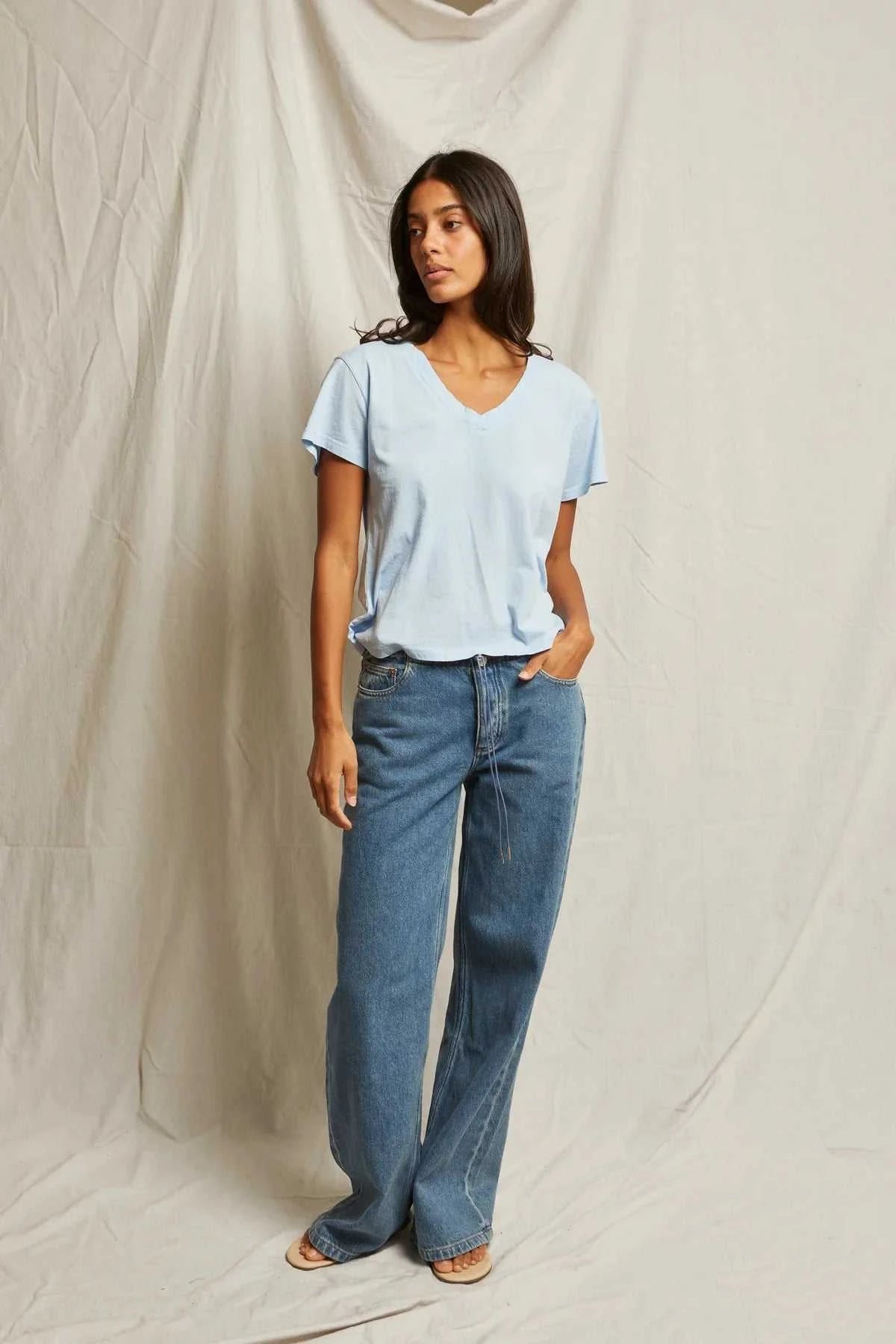 Perfectwhitetee Hendrix Cotton Boxy V Neck Tee Sky Blue