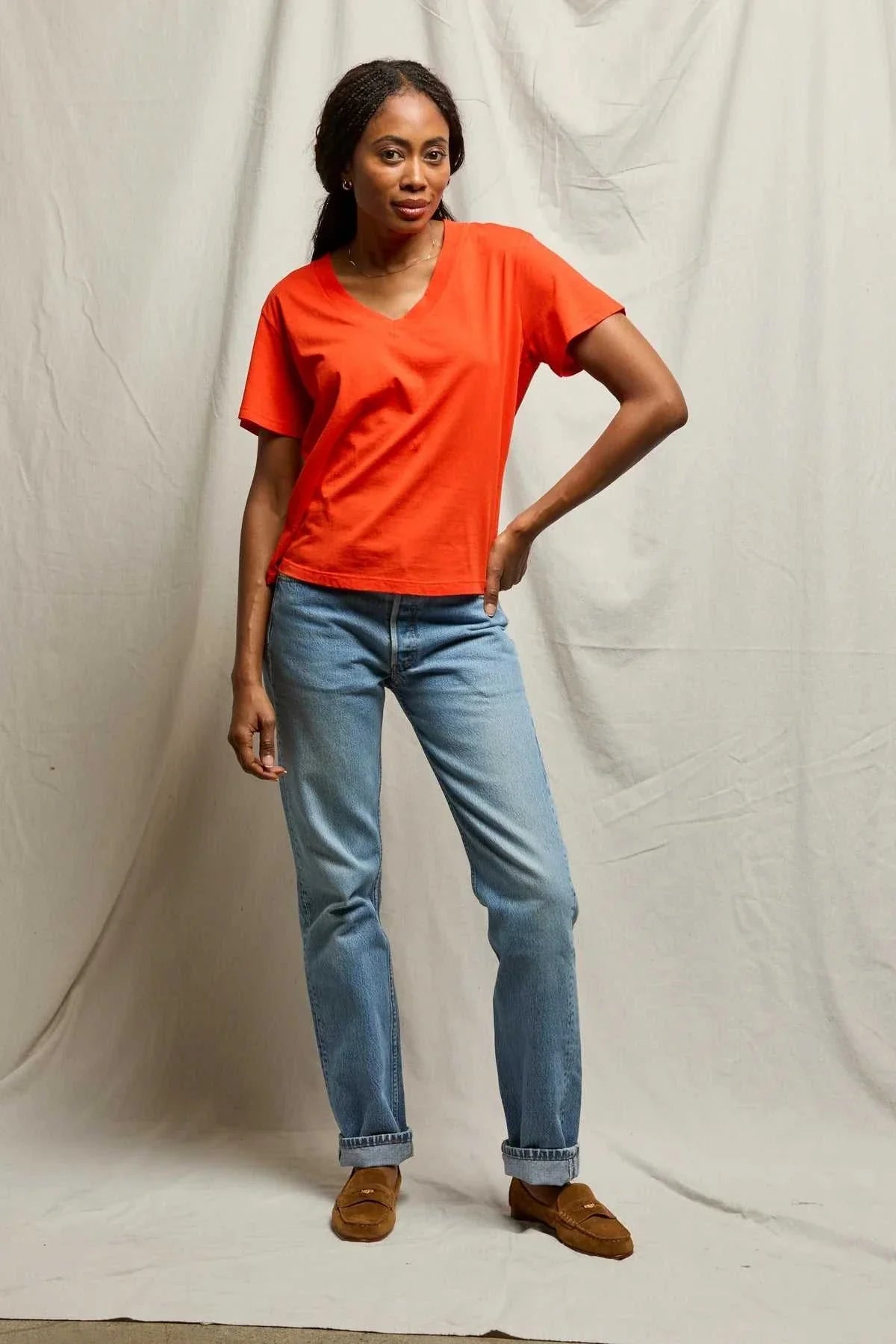 Perfectwhitetee Hendrix Cotton Boxy V Neck Tee Tomato