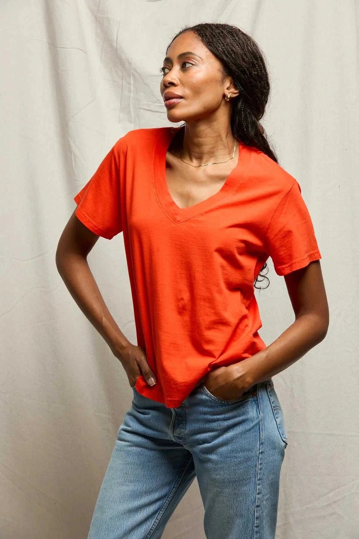 Perfectwhitetee Hendrix Cotton Boxy V Neck Tee Tomato