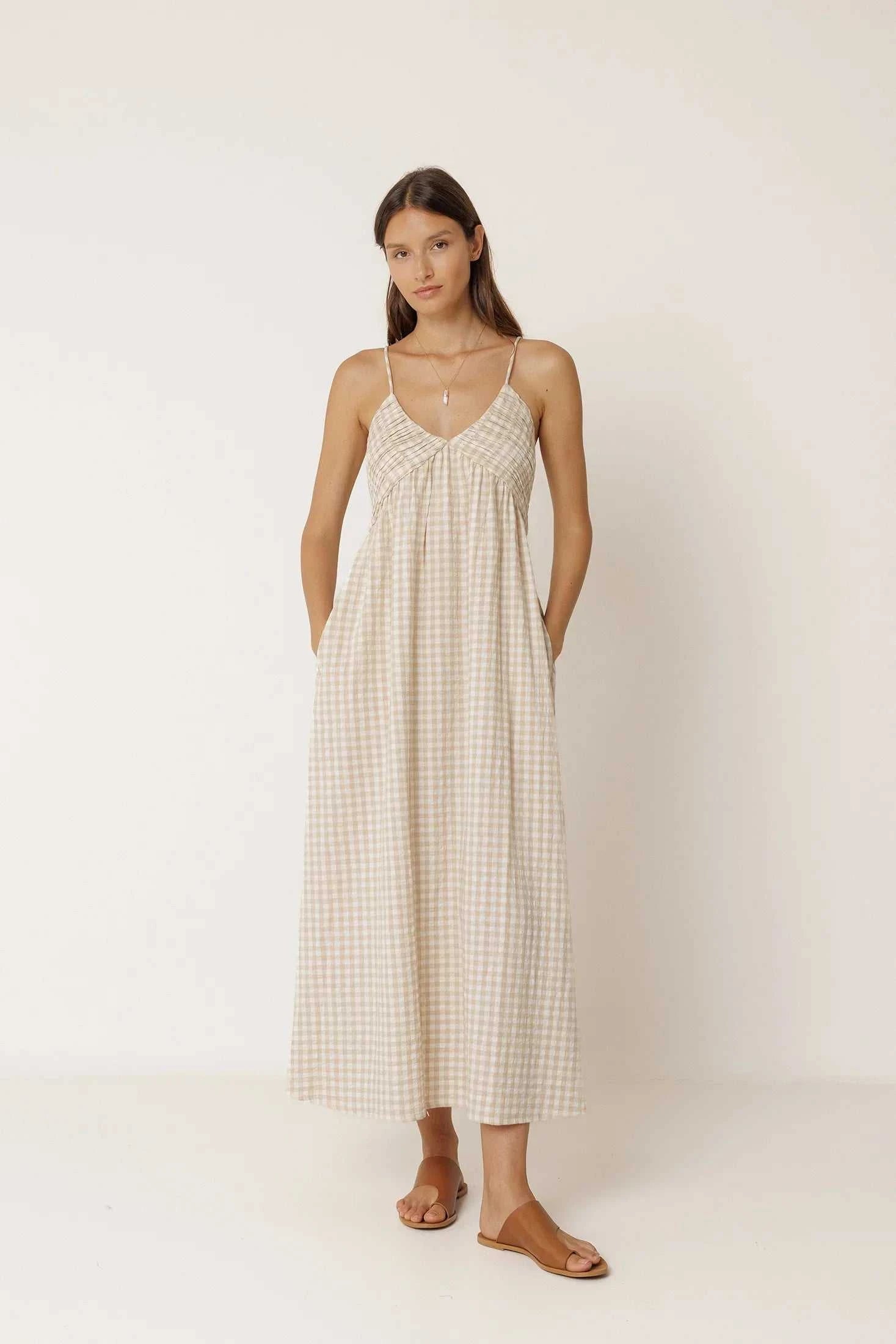 Indi and Cold Strappy Gingham Dress Beige