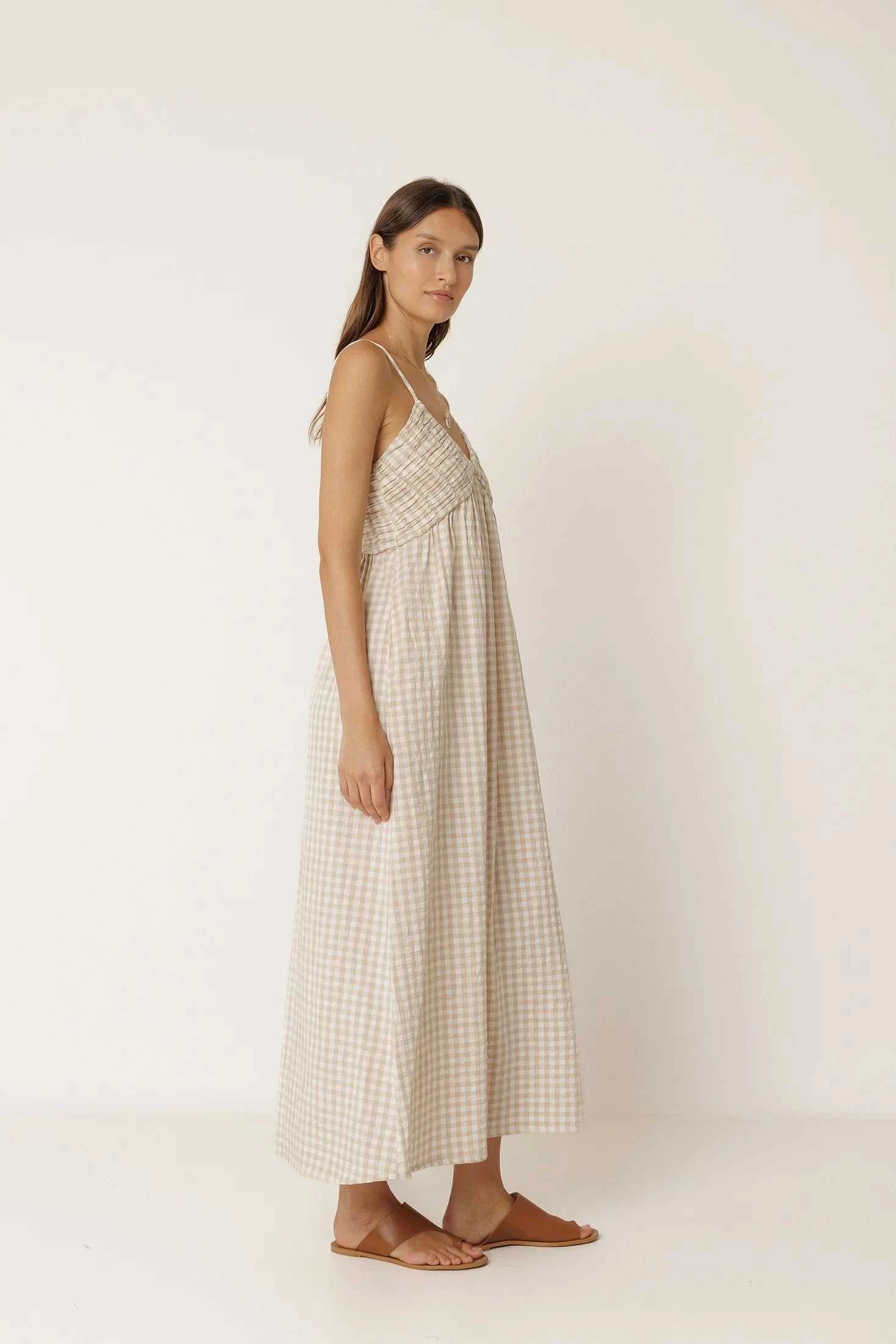 Indi and Cold Strappy Gingham Dress Beige