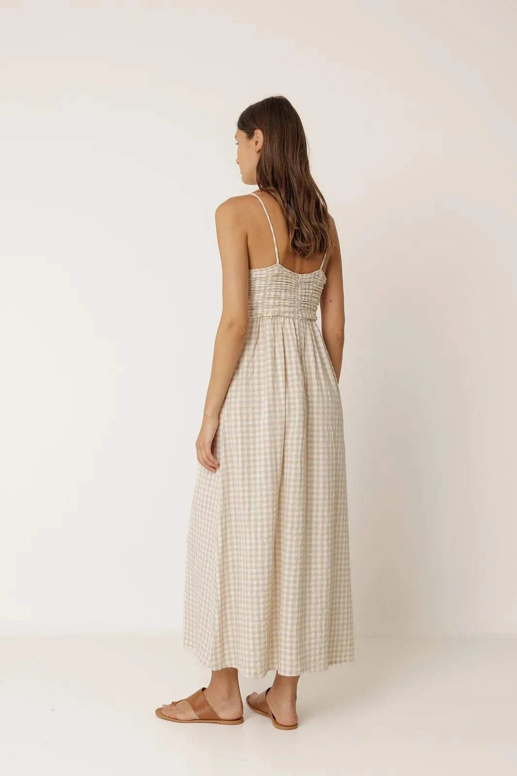 Indi and Cold Strappy Gingham Dress Beige