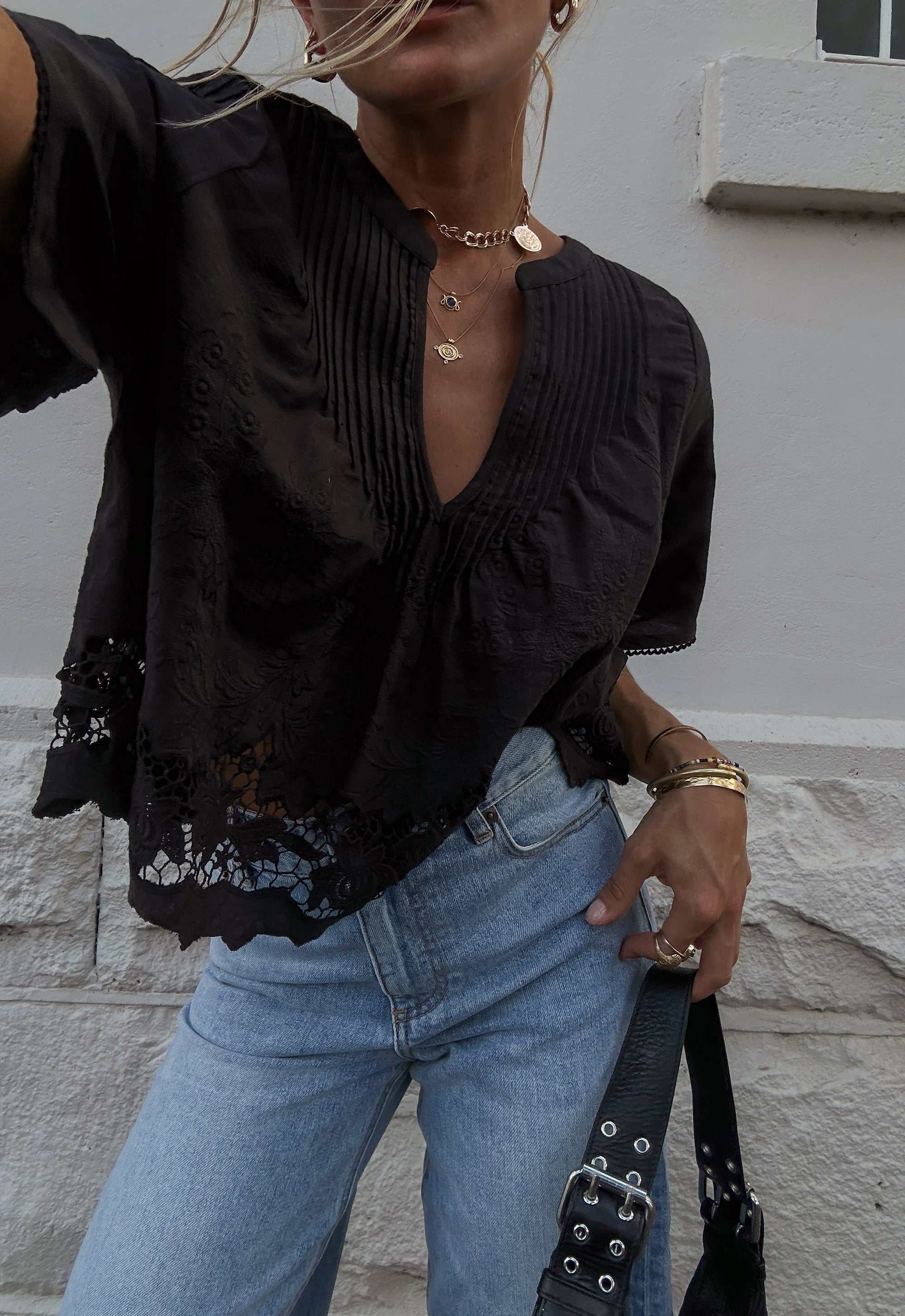 Spell Kala Short Sleeve Blouse Black Lotus