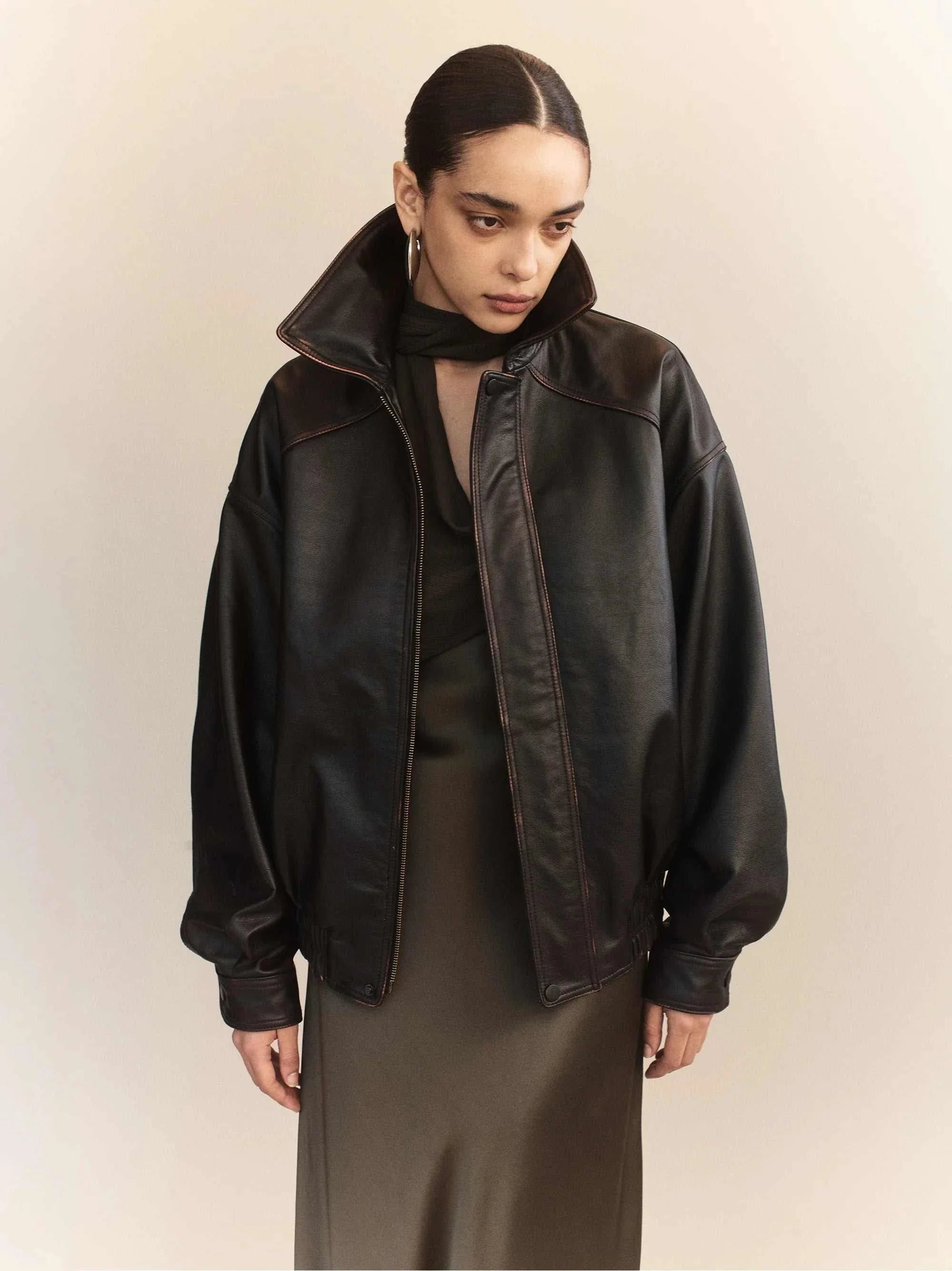 Courtney Zheng Hektor Leather Bomber Mottled Brown Black