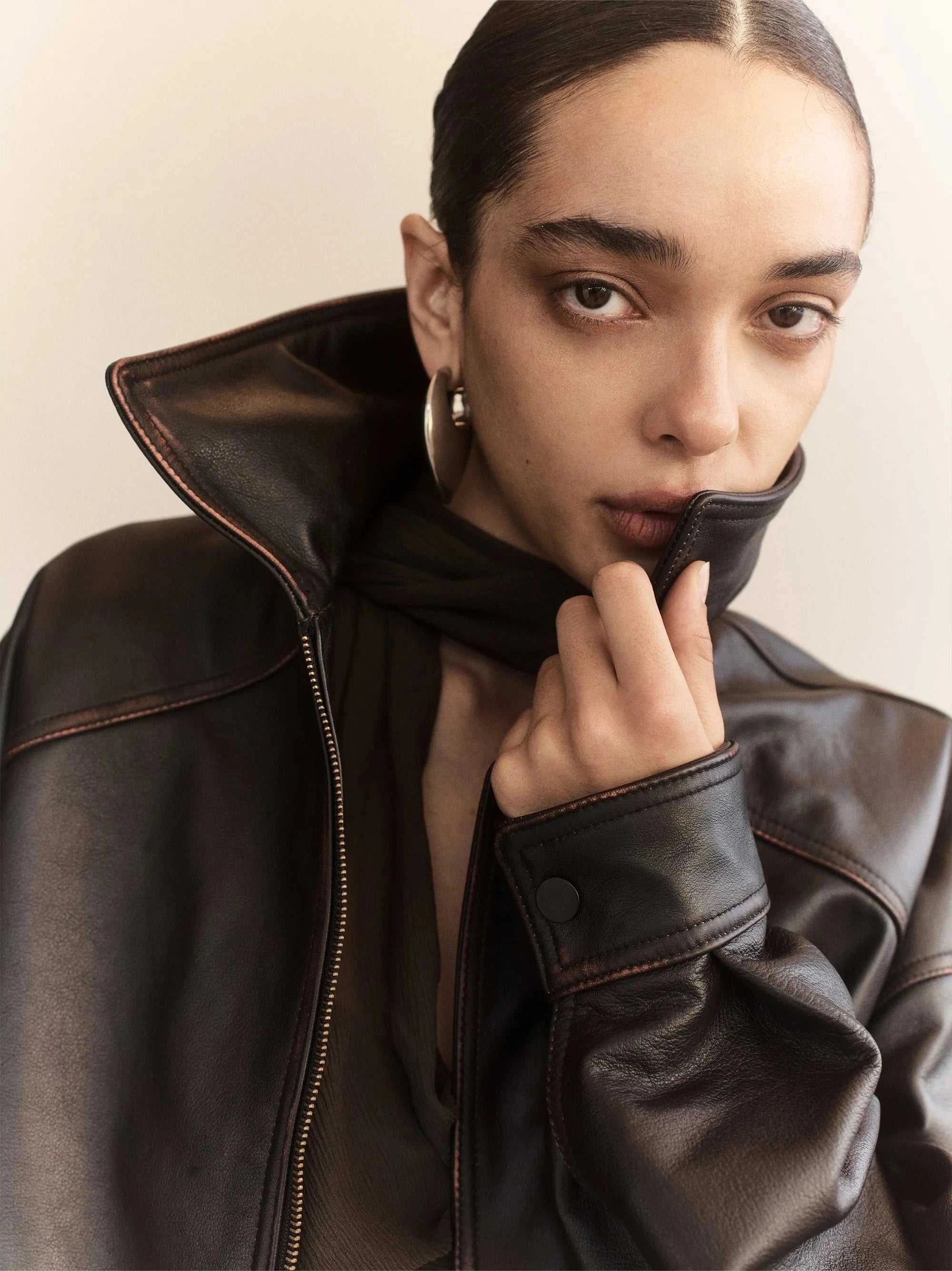 Courtney Zheng Hektor Leather Bomber Mottled Brown Black