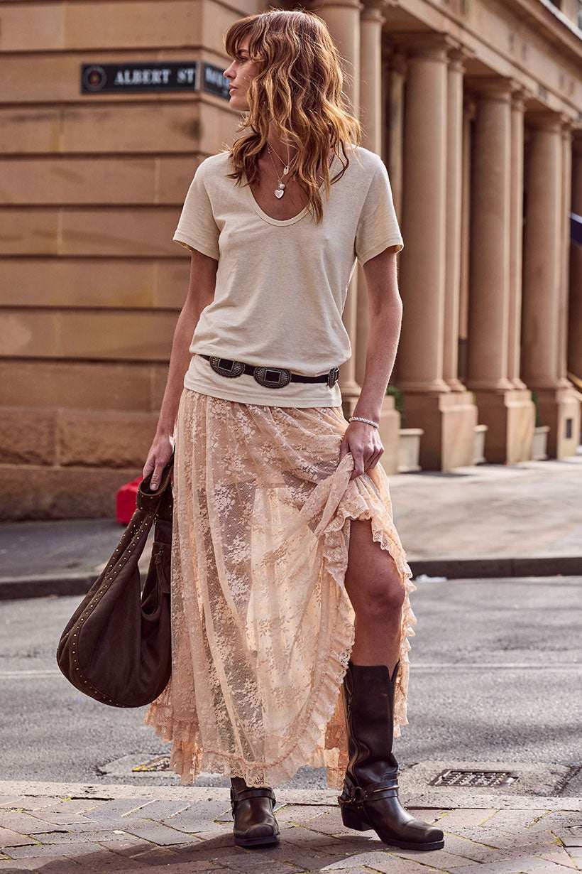 Spell Labyrinth Lace Maxi Skirt Peach Bliss          