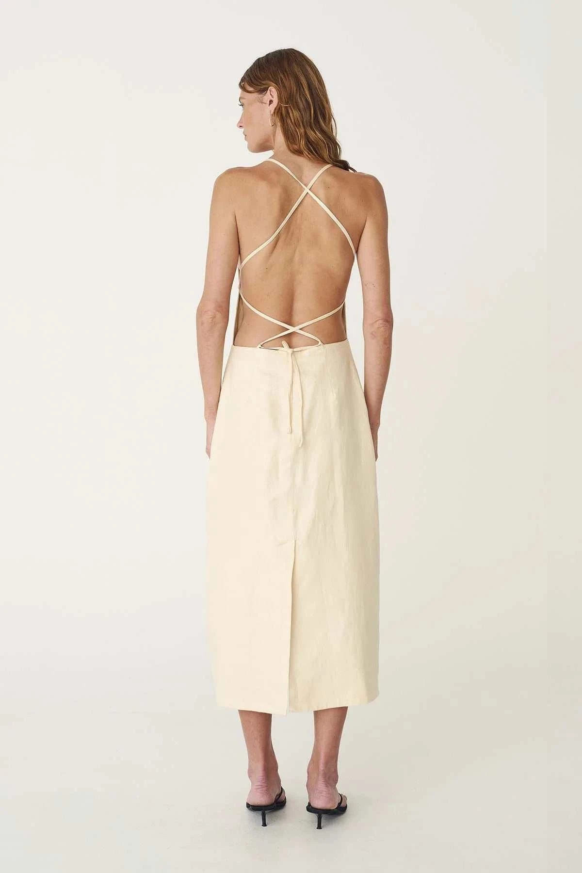 Rowie Lucia Linen Midi Dress Butter Creme