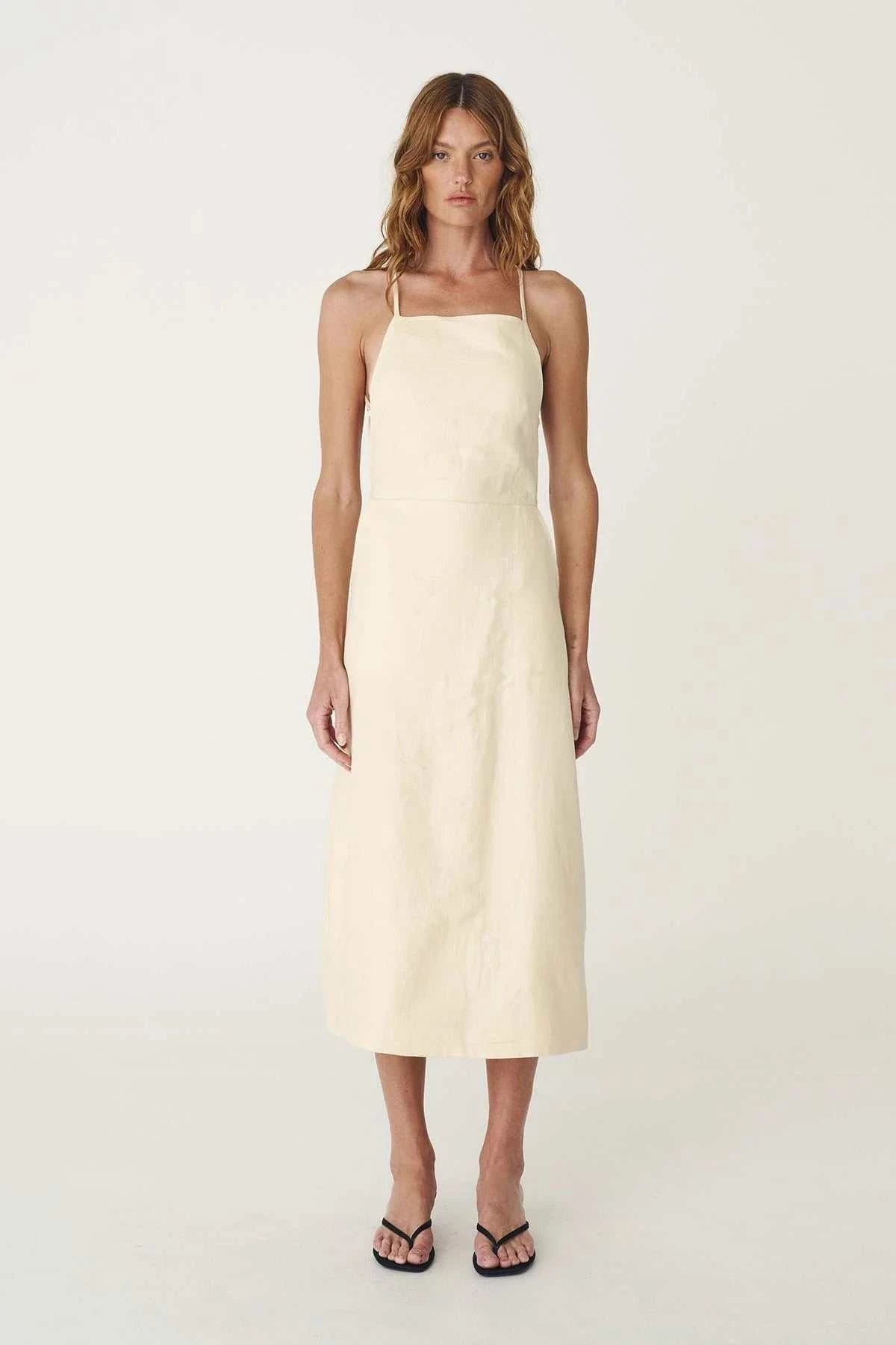 Rowie Lucia Linen Midi Dress Butter Creme