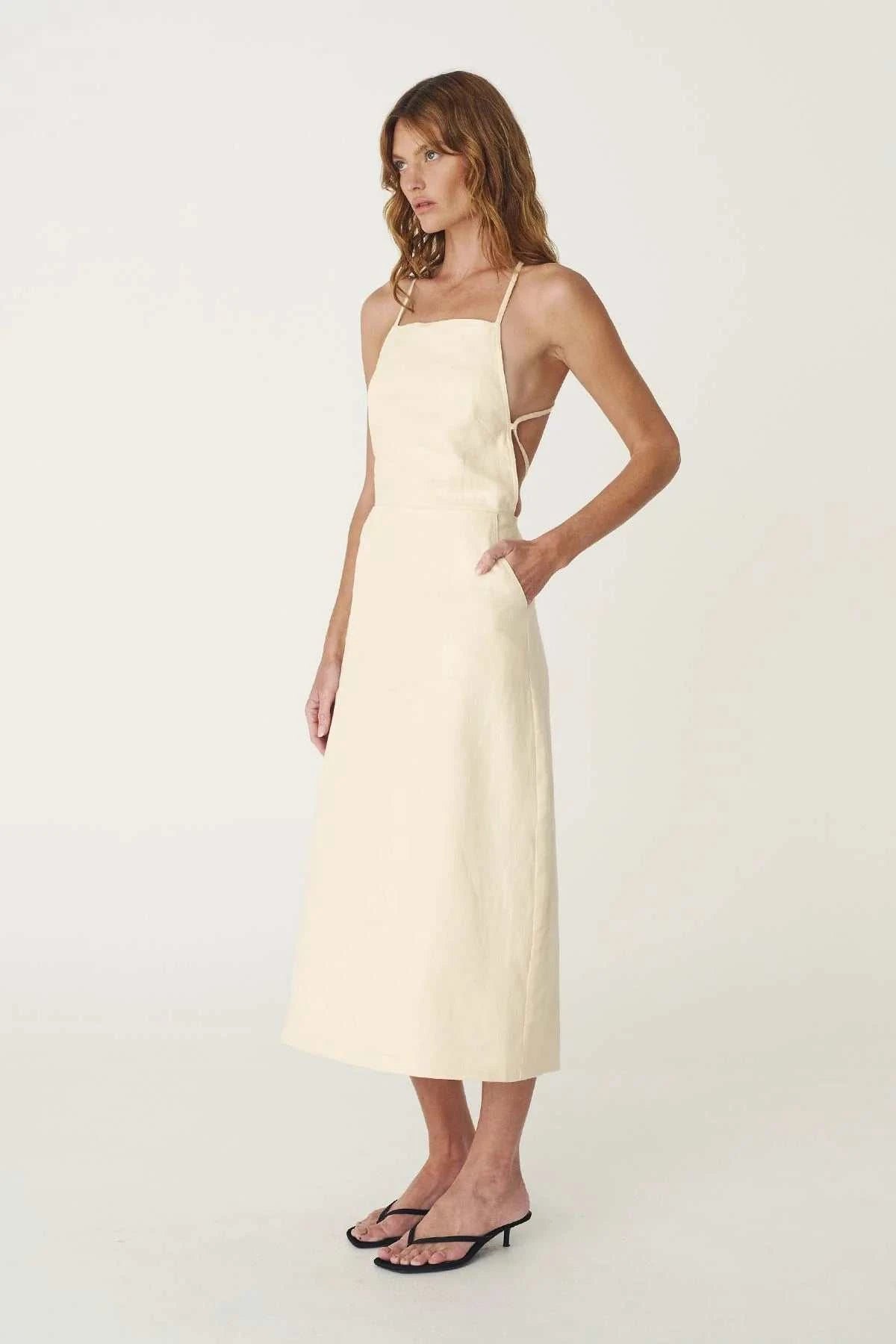Rowie Lucia Linen Midi Dress Butter Creme