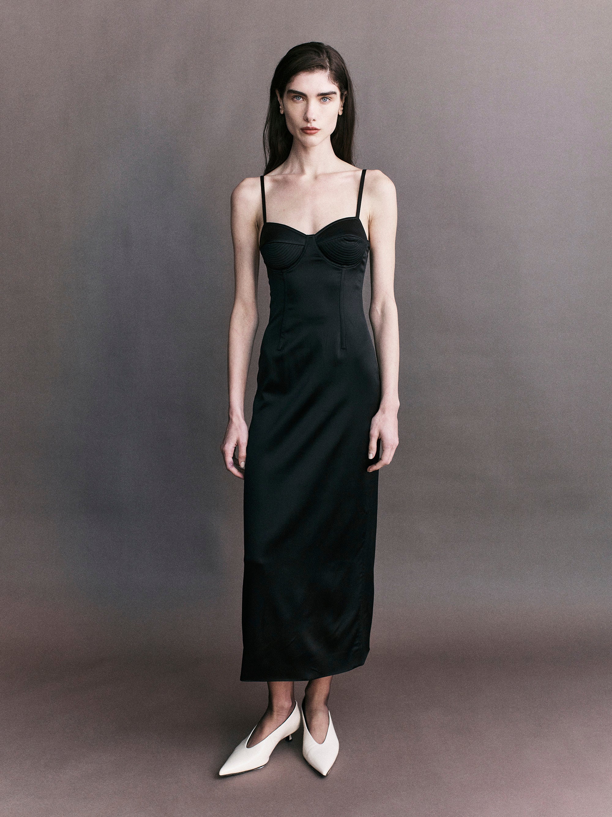 Courtney Zheng Margot Satin Bullet Bra Midi Dress Black