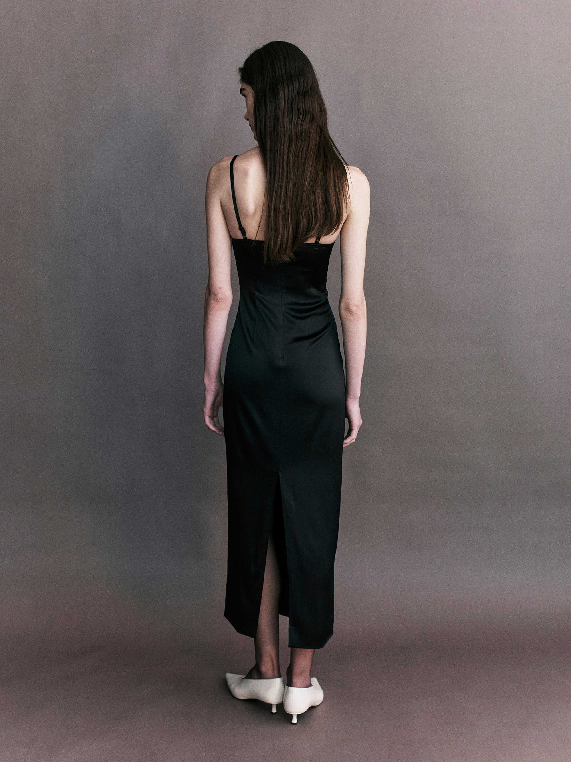 Courtney Zheng Margot Satin Bullet Bra Midi Dress Black