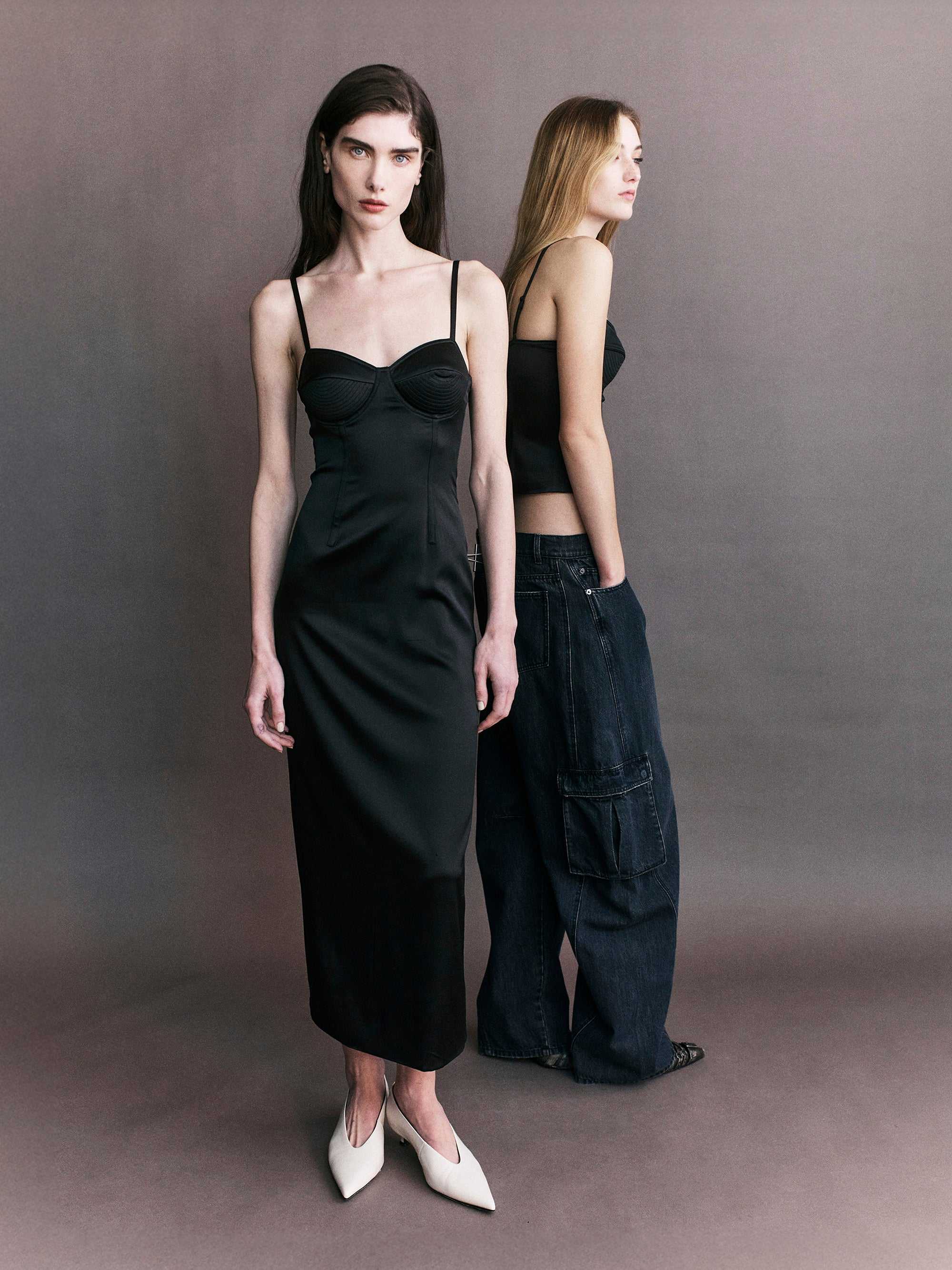 Courtney Zheng Margot Satin Bullet Bra Midi Dress Black