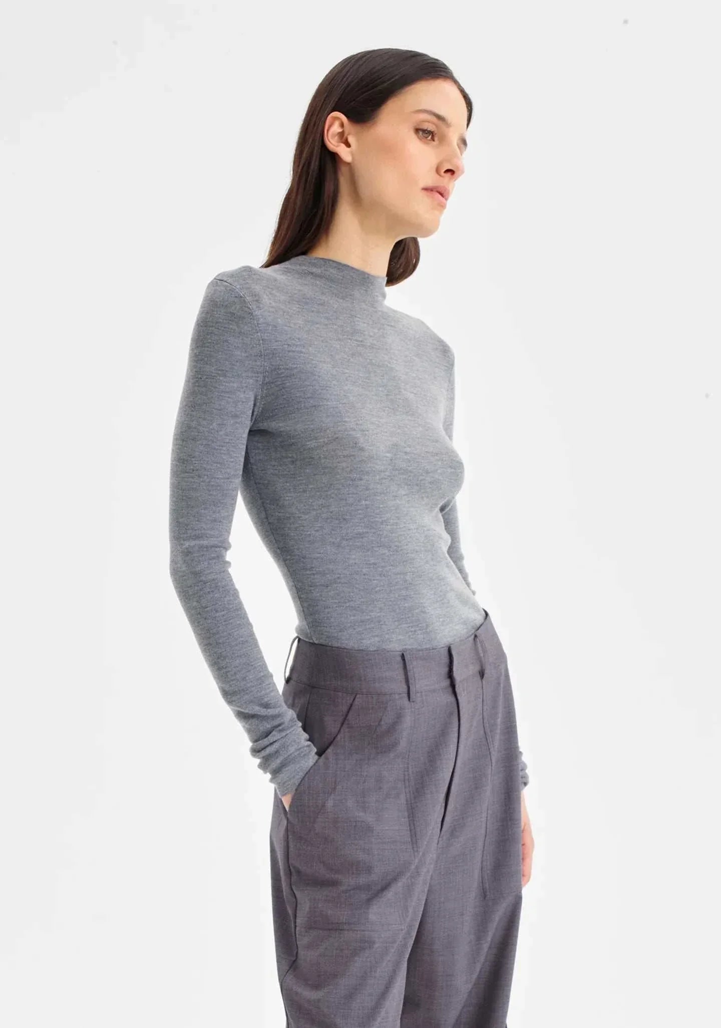 Morrison Talia Long Sleeve Merino Knit Top Grey Marle