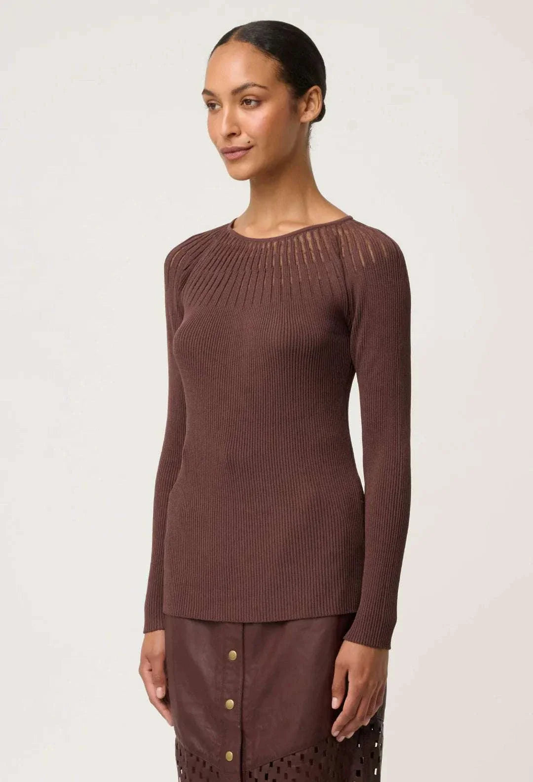Once Was Rhiannon Viscose Nylon Sheer Knit Top Mocha