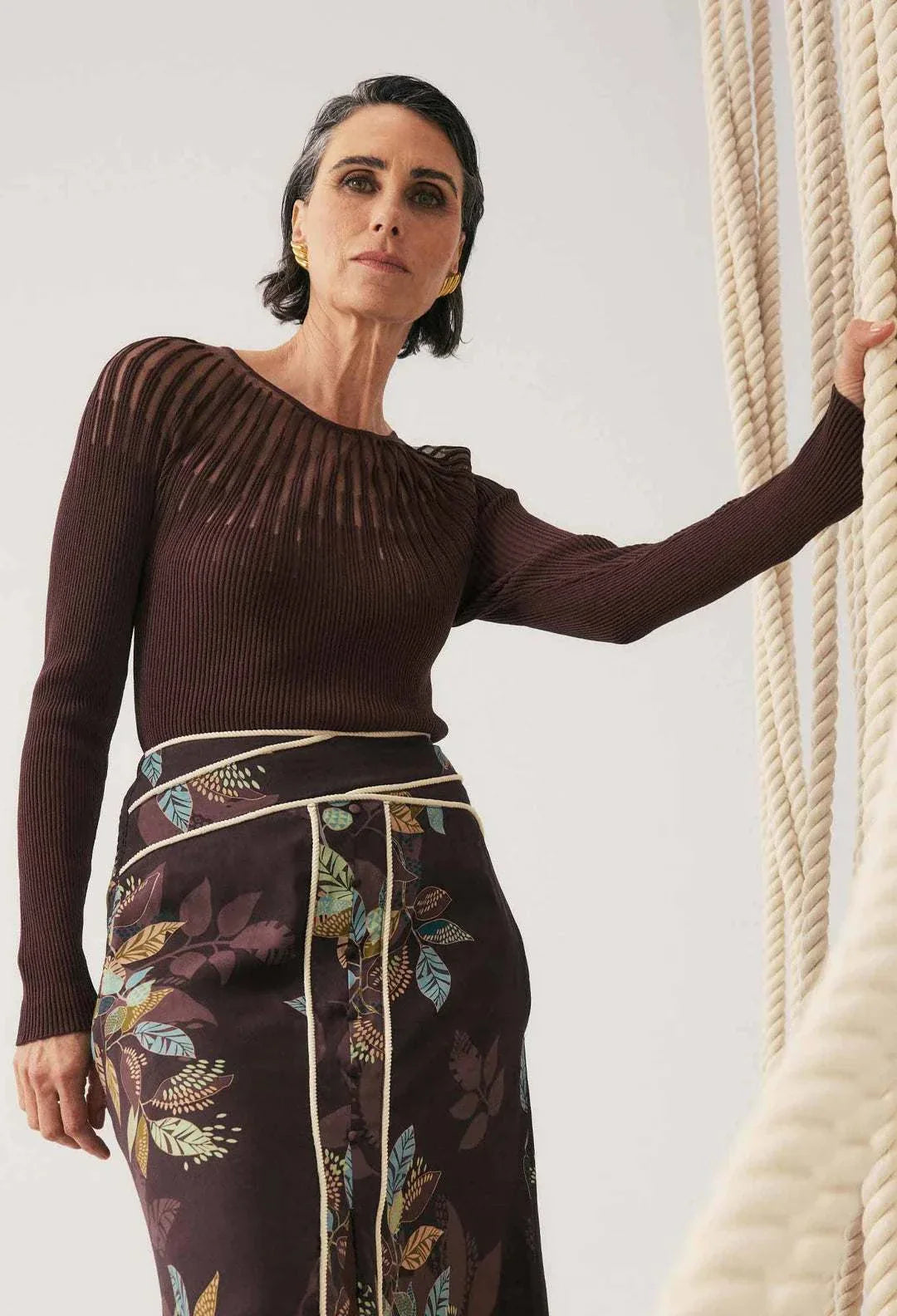 Once Was Rhiannon Viscose Nylon Sheer Knit Top Mocha