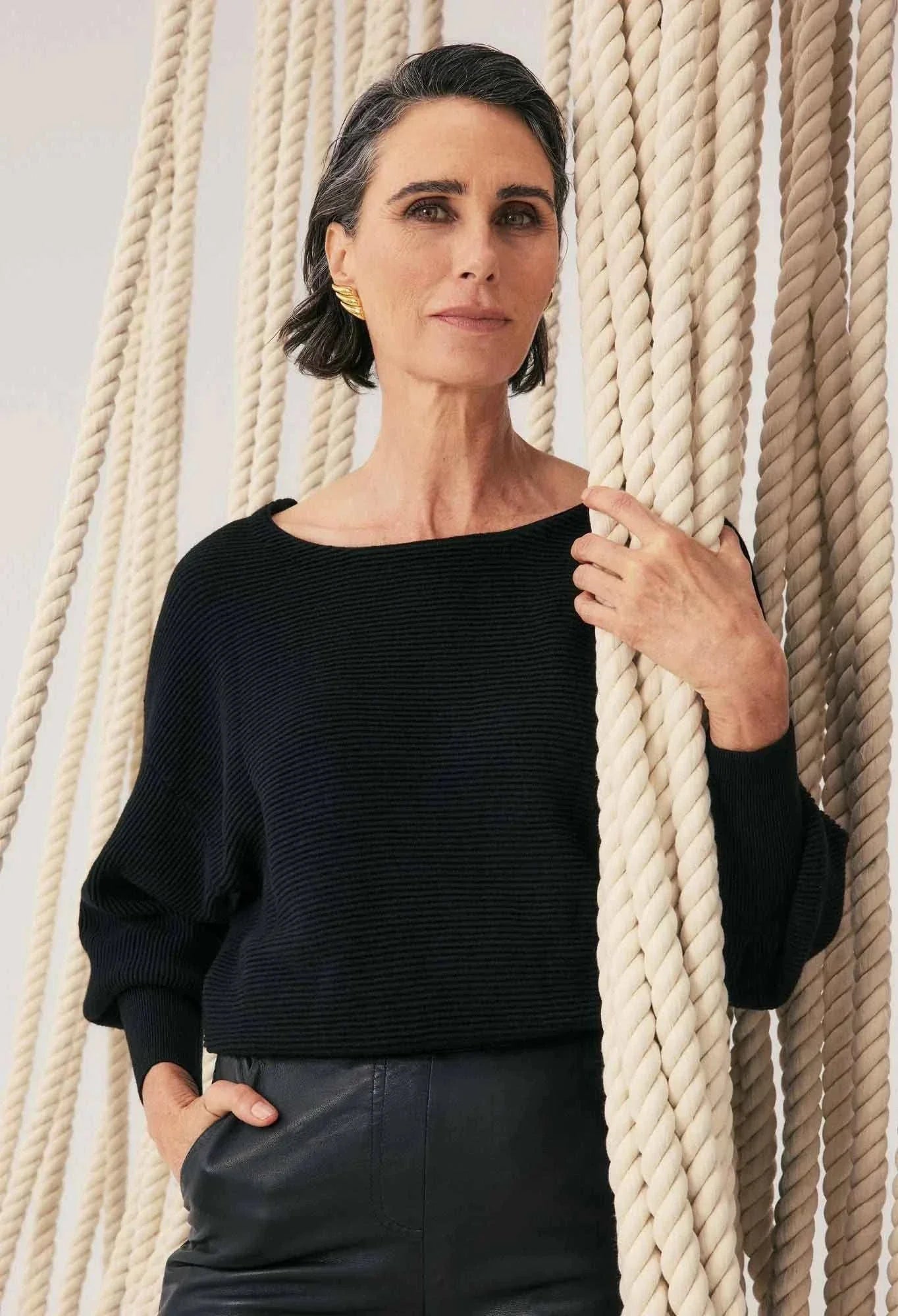Once Was Clarissa Merino Wool reversible Knit Top Black