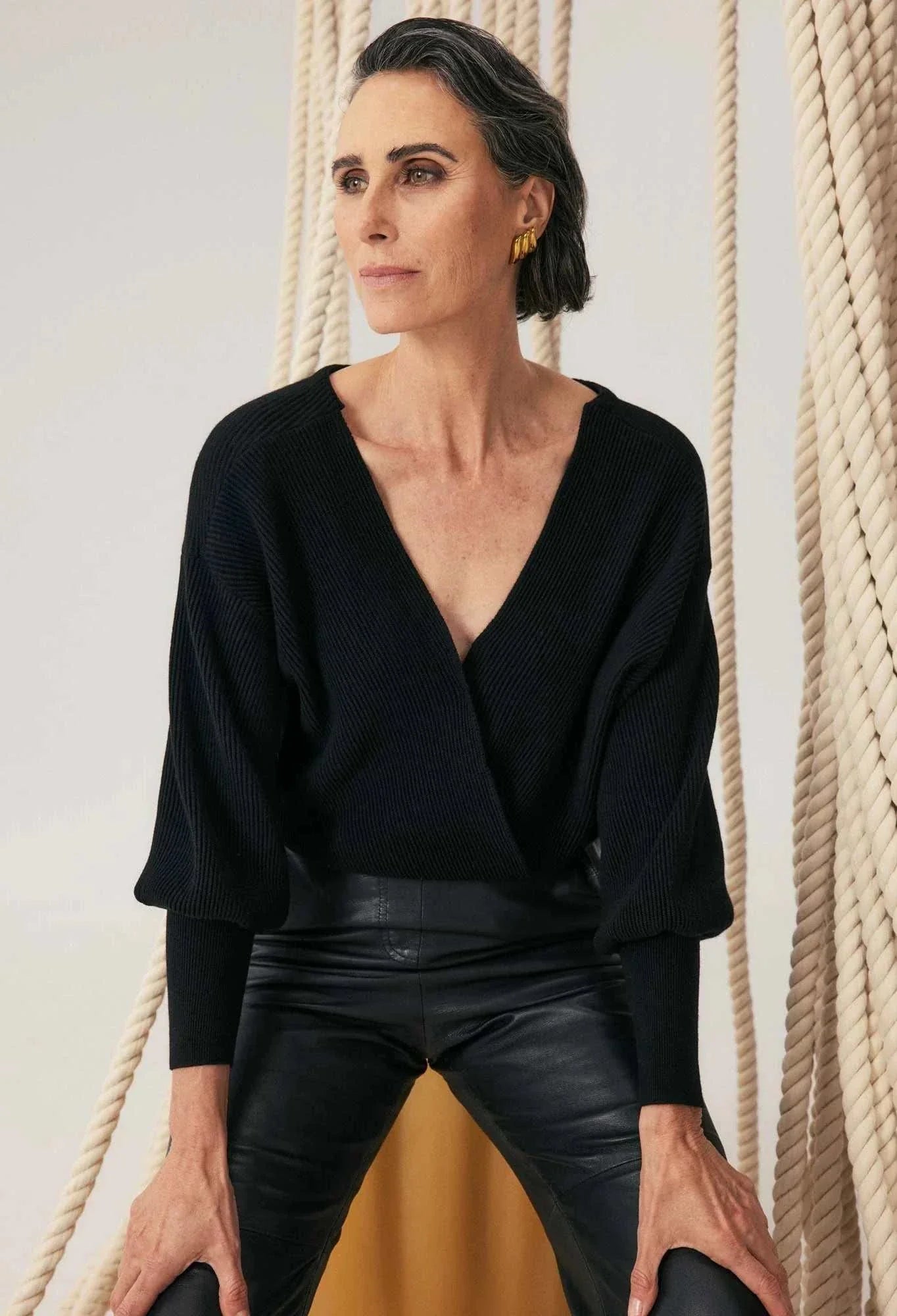 Once Was Clarissa Merino Wool reversible Knit Top Black