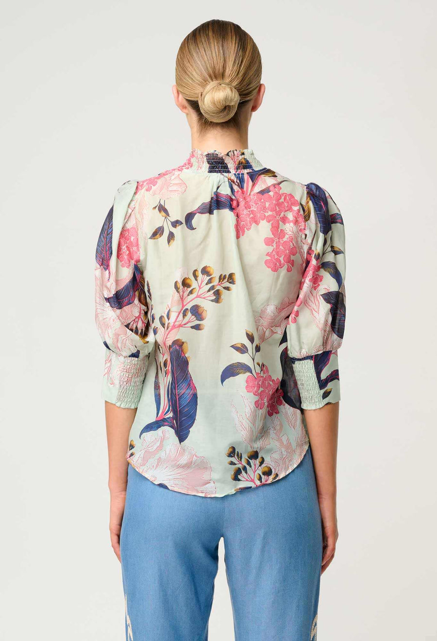 Once Was Oleander Cotton Silk Shirred Collar Oasis Flora