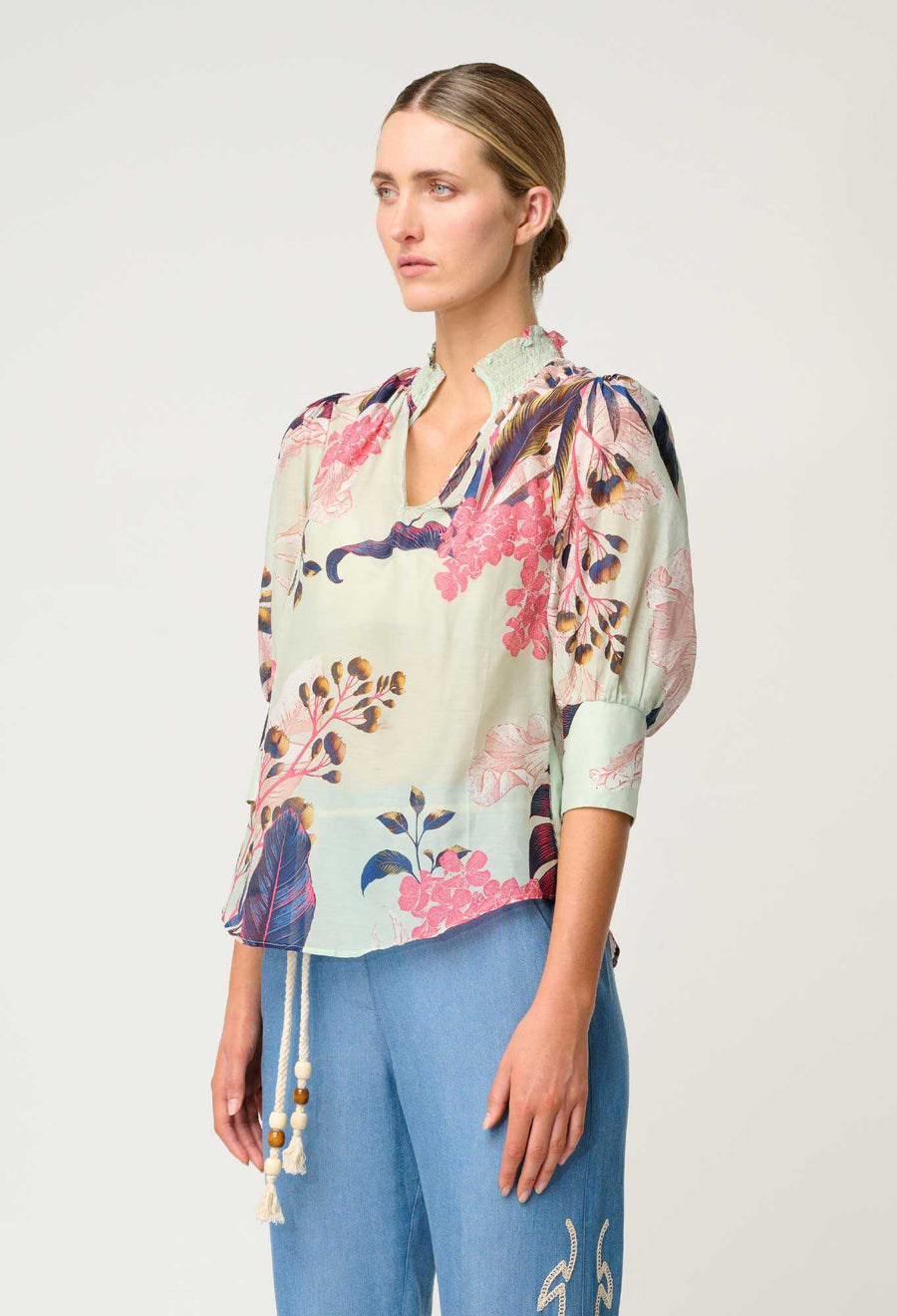 Once Was Oleander Cotton Silk Shirred Collar Oasis Flora