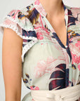 Once Was Luma Silk Cotton Flutter Sleeve Trim Top Oasis Flora