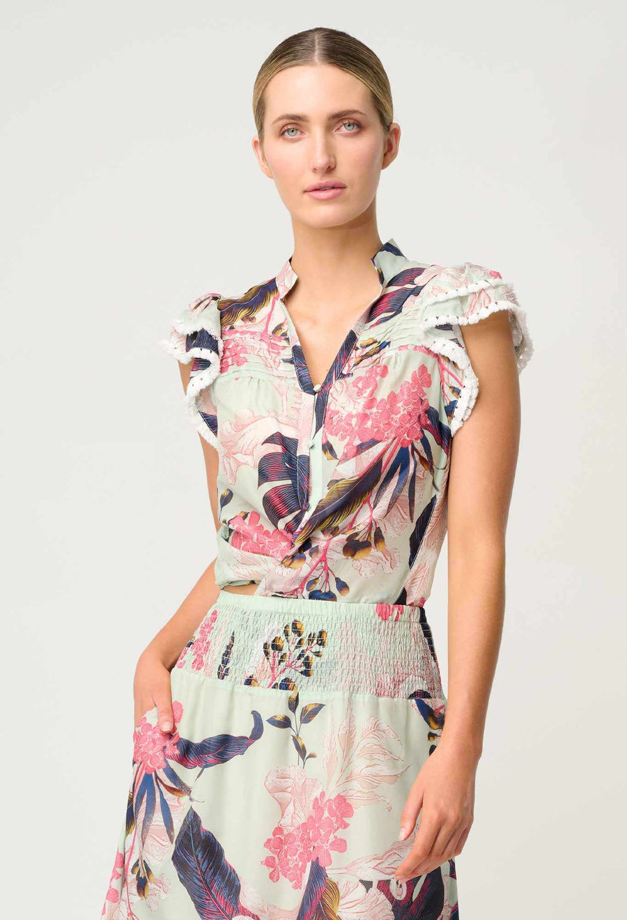 Once Was Luma Silk Cotton Flutter Sleeve Trim Top Oasis Flora