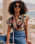 Once Was Luma Silk Cotton Flutter Sleeve Trim Top Oasis Flora