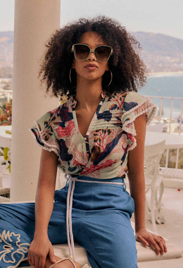 Once Was Luma Silk Cotton Flutter Sleeve Trim Top Oasis Flora