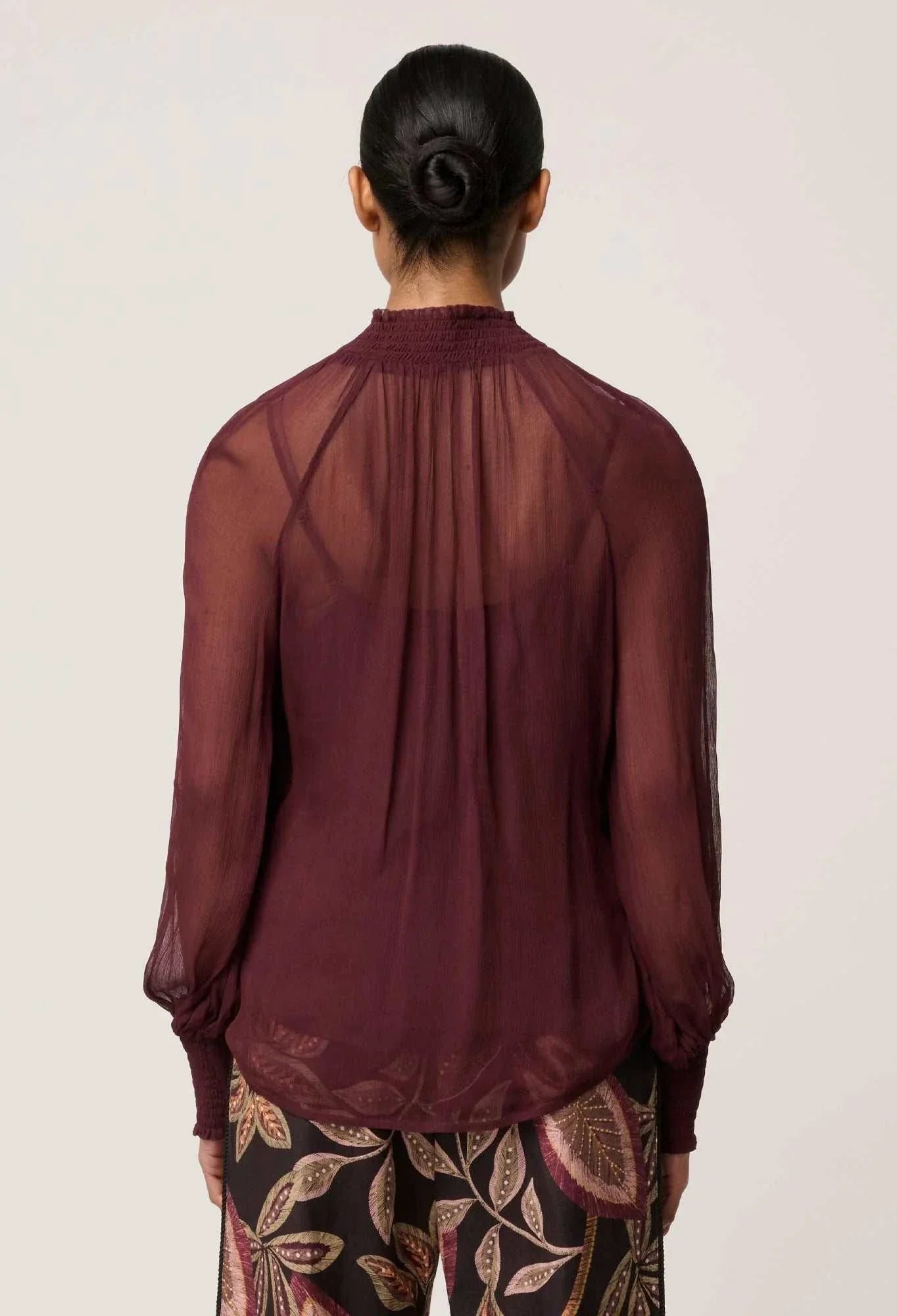 Once Was Simona Sheer Viscose Gold Detail Blouse Bordeaux