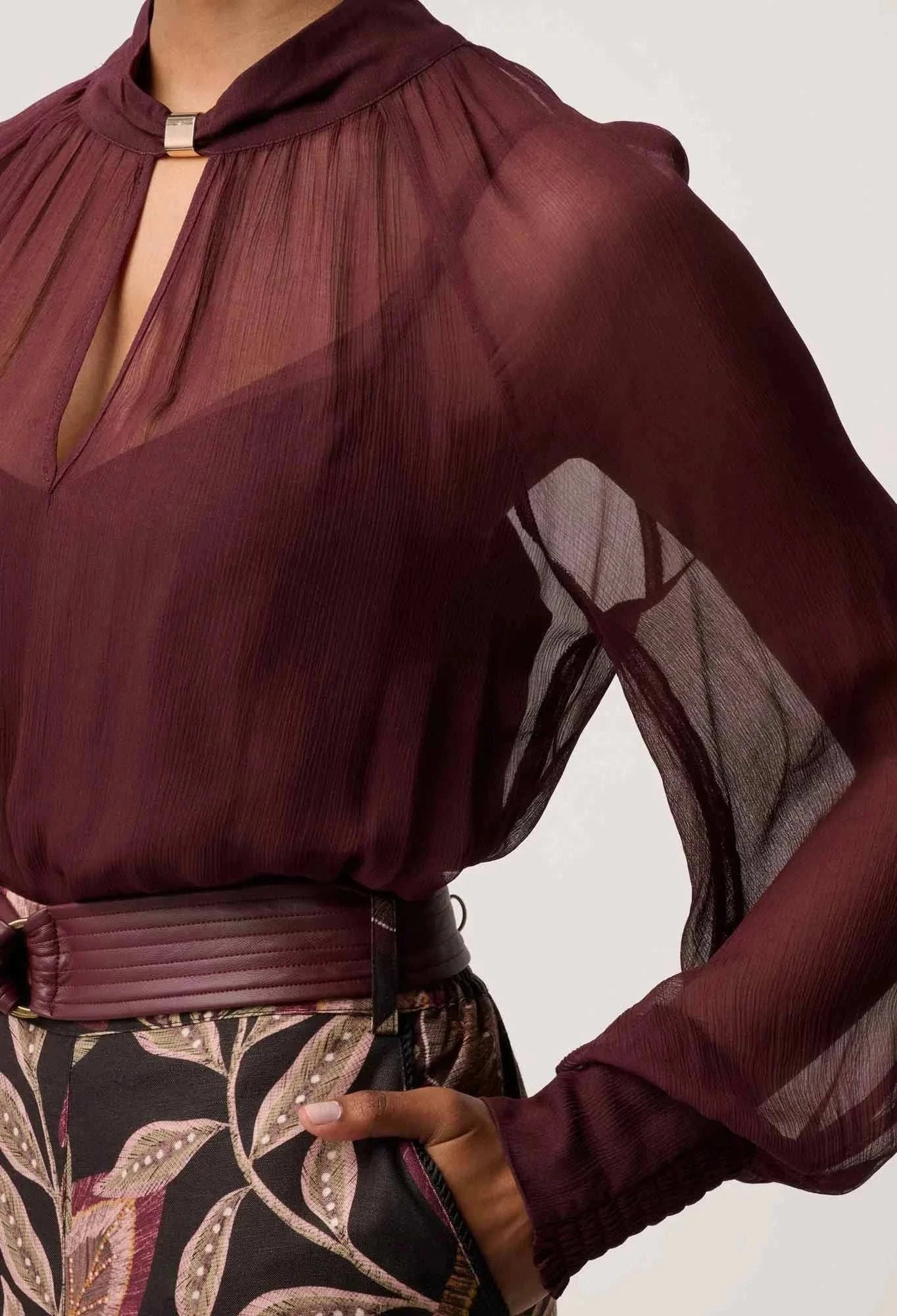 Once Was Simona Sheer Viscose Gold Detail Blouse Bordeaux