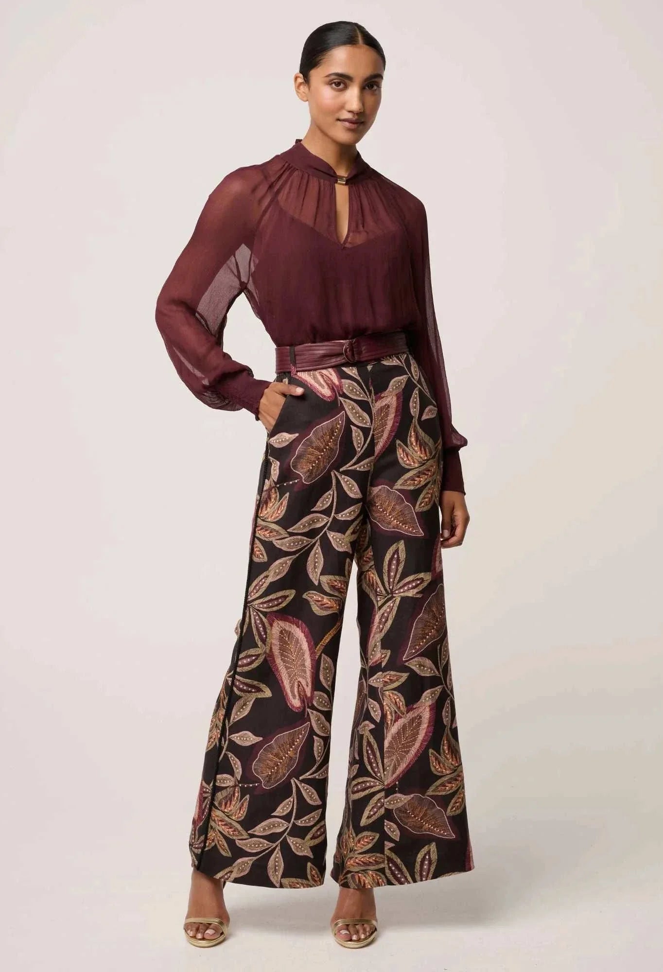 Once Was Simona Sheer Viscose Gold Detail Blouse Bordeaux