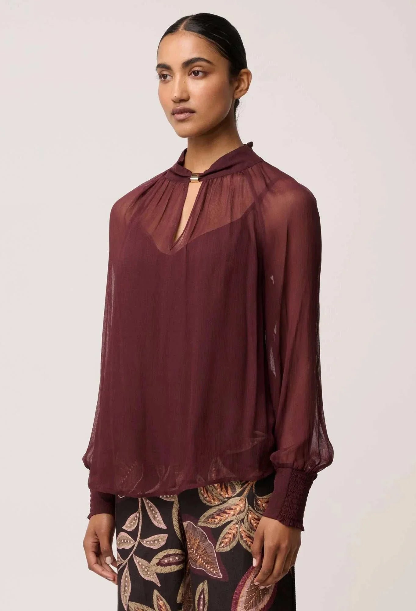 Once Was Simona Sheer Viscose Gold Detail Blouse Bordeaux