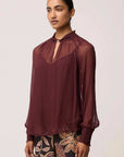 Once Was Simona Sheer Viscose Gold Detail Blouse Bordeaux