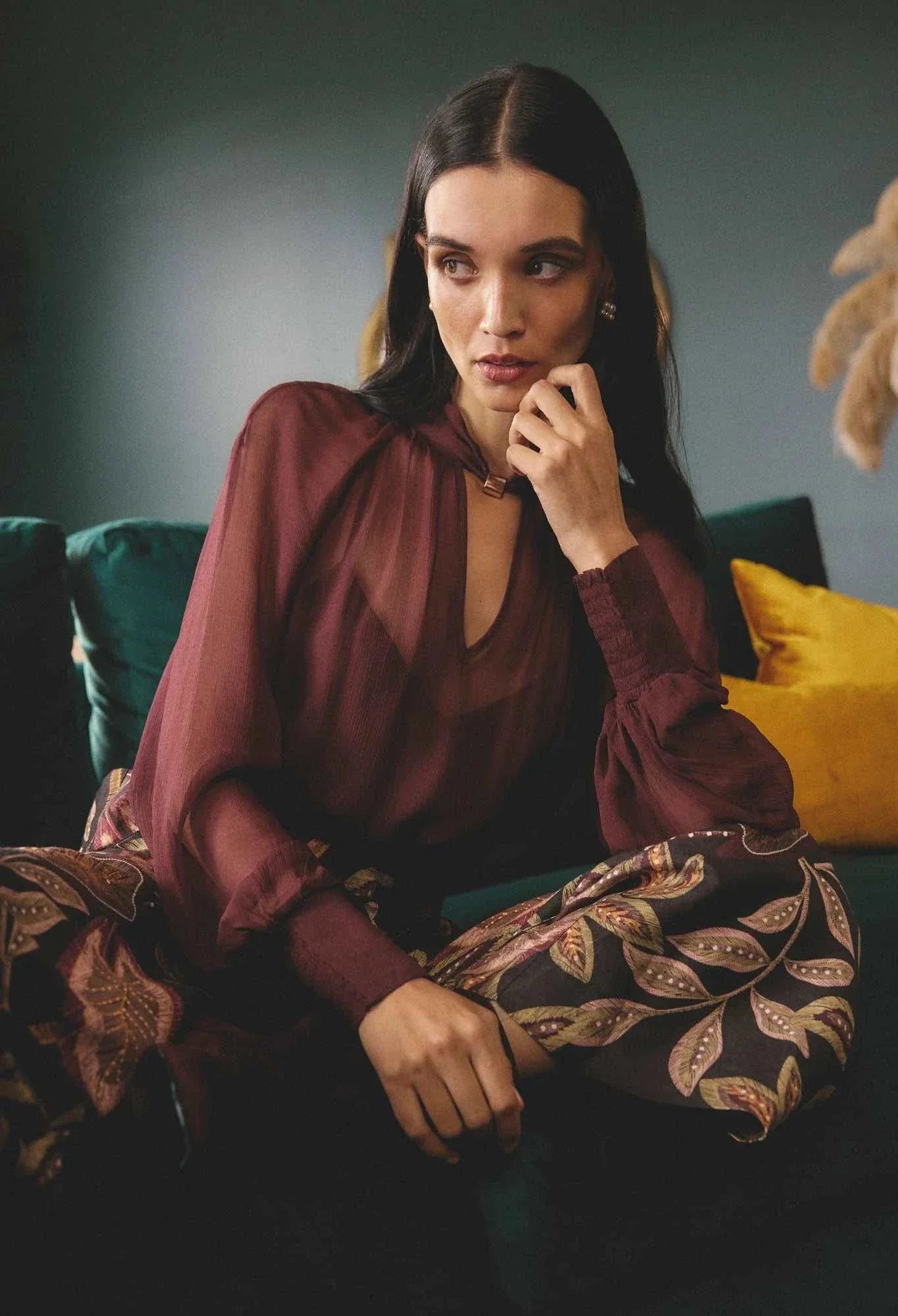 Once Was Simona Sheer Viscose Gold Detail Blouse Bordeaux