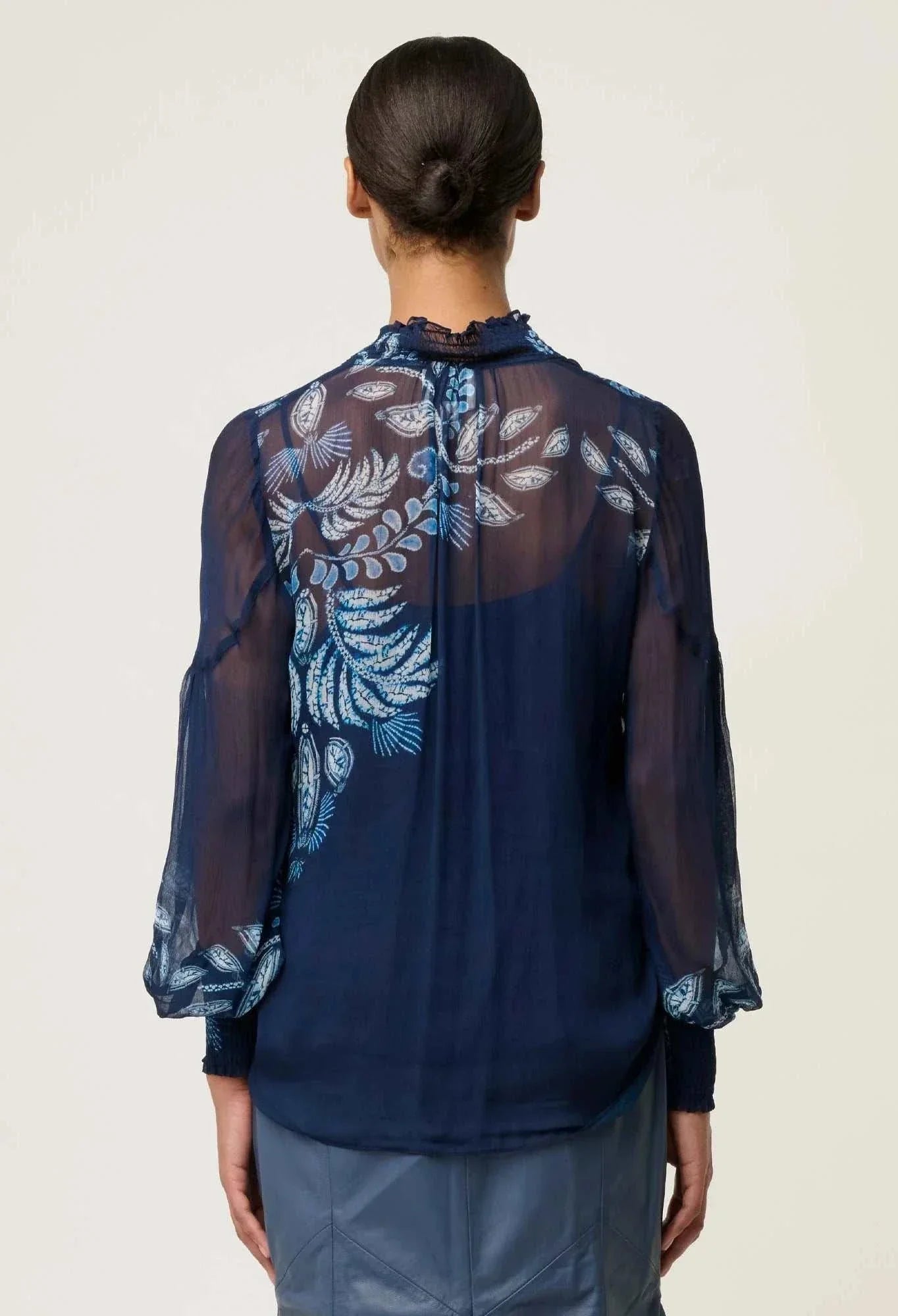 Once Was Colette Placement Print Shirred Collar Blouse Moonlit Batik