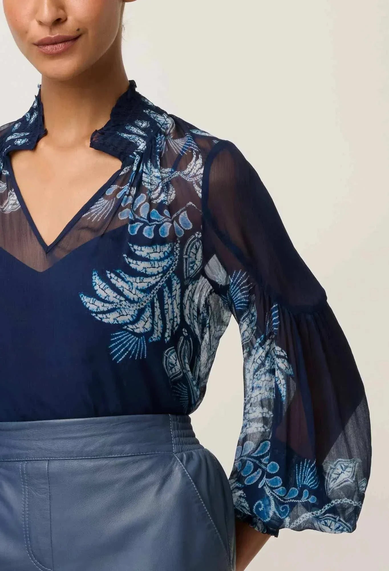Once Was Colette Placement Print Shirred Collar Blouse Moonlit Batik