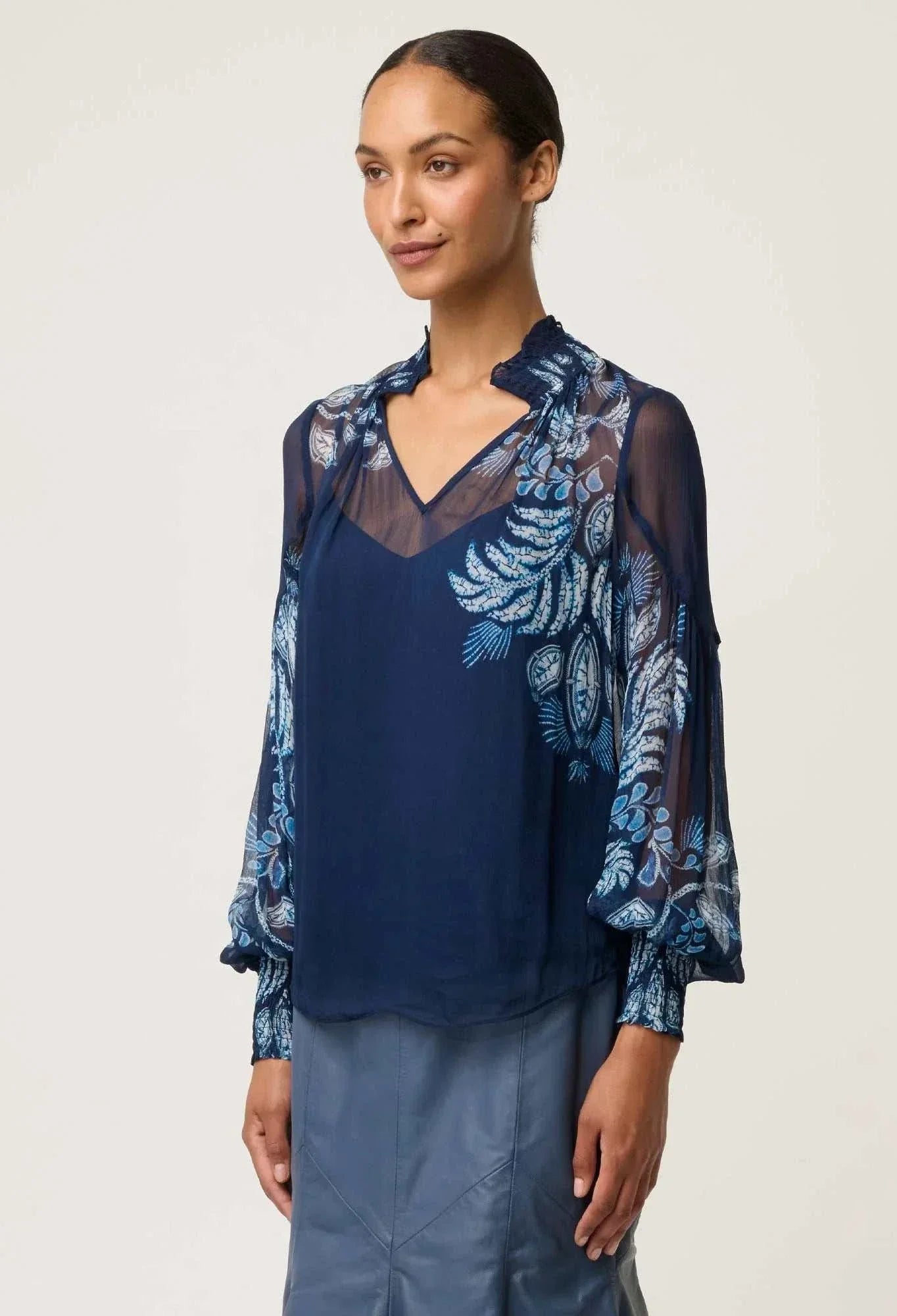 Once Was Colette Placement Print Shirred Collar Blouse Moonlit Batik