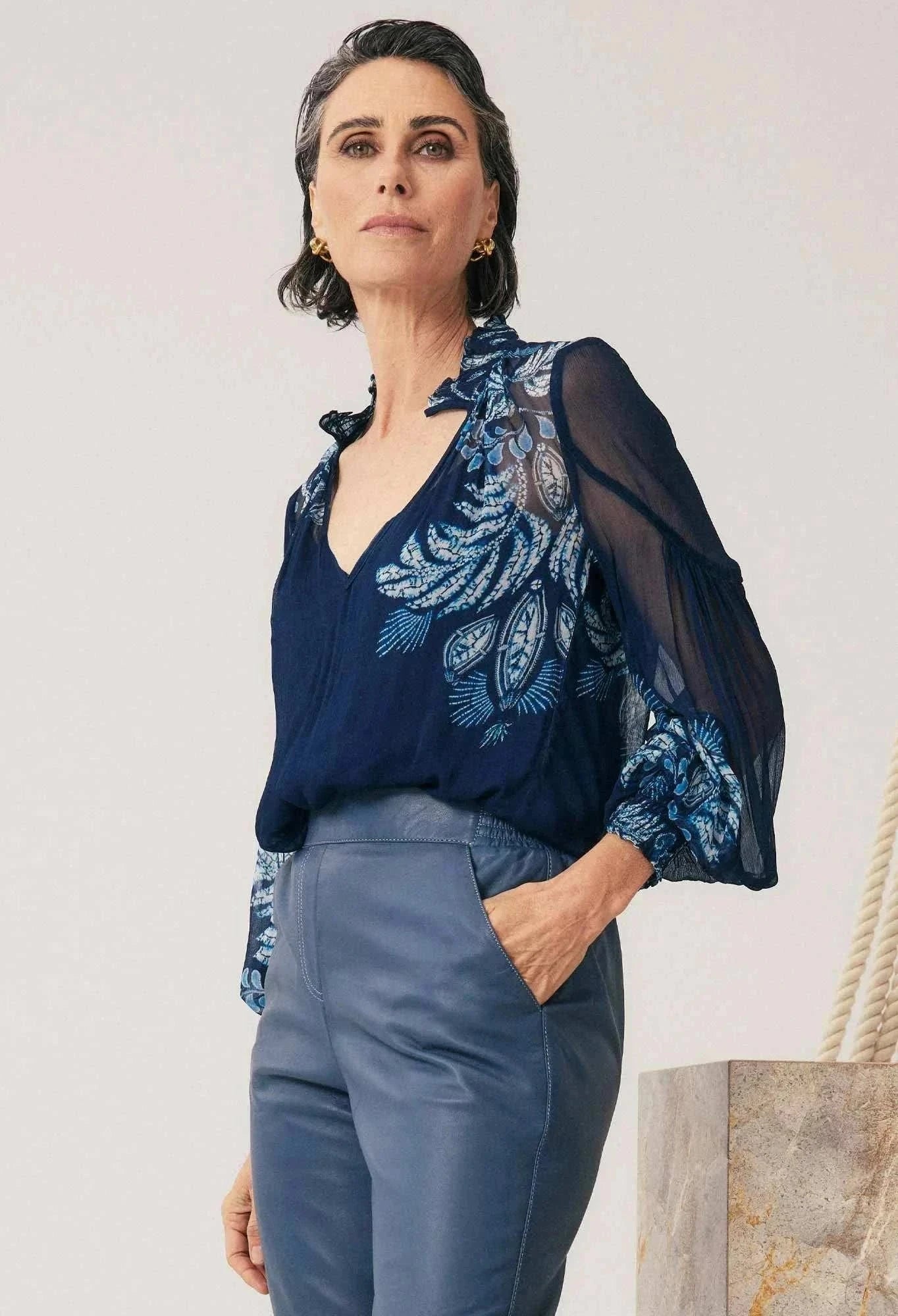 Once Was Colette Placement Print Shirred Collar Blouse Moonlit Batik
